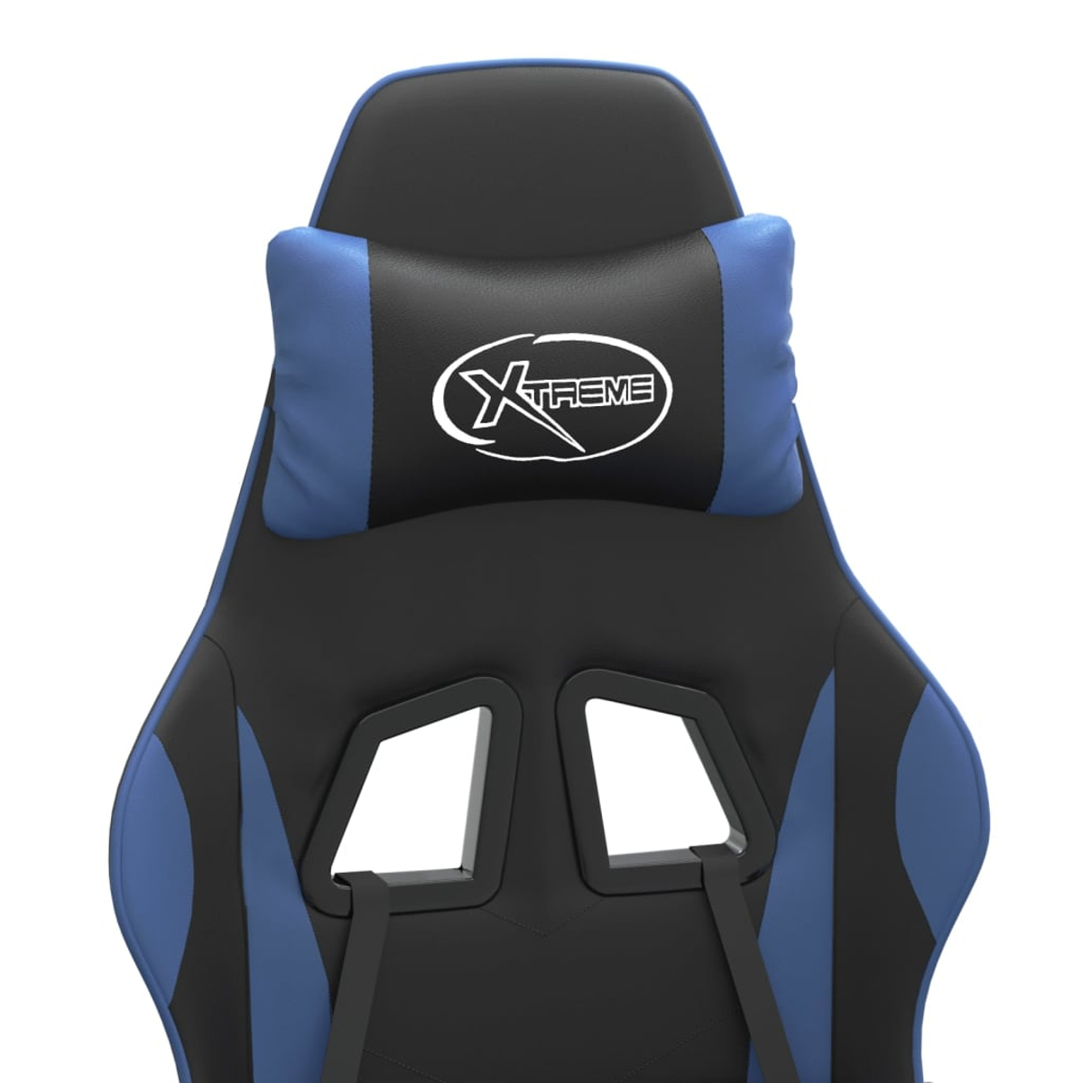 Ein blau-schwarzer Gaming-Stuhl wird gezeigt. Auf der Kopfstütze befindet sich das Logo 'Xtreme'. Der Stuhl steht vor weißem Hintergrund.