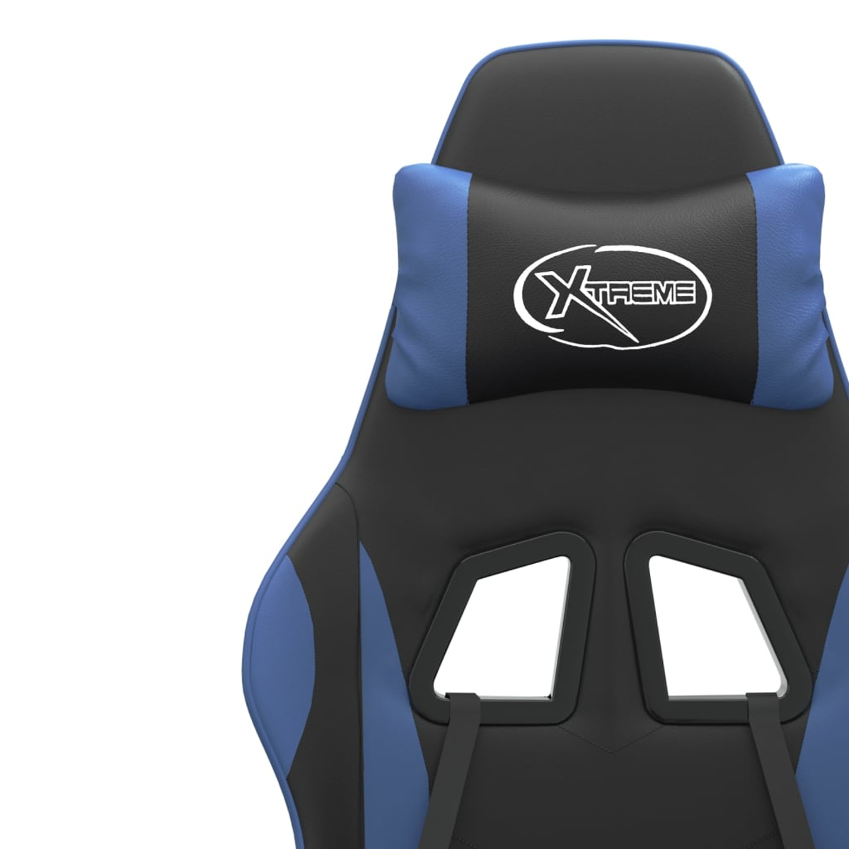Nahaufnahme eines Gaming-Stuhls. Er ist schwarz und blau mit einem XTREME-Logo auf der Kopfstütze. Der Hintergrund ist weiß.