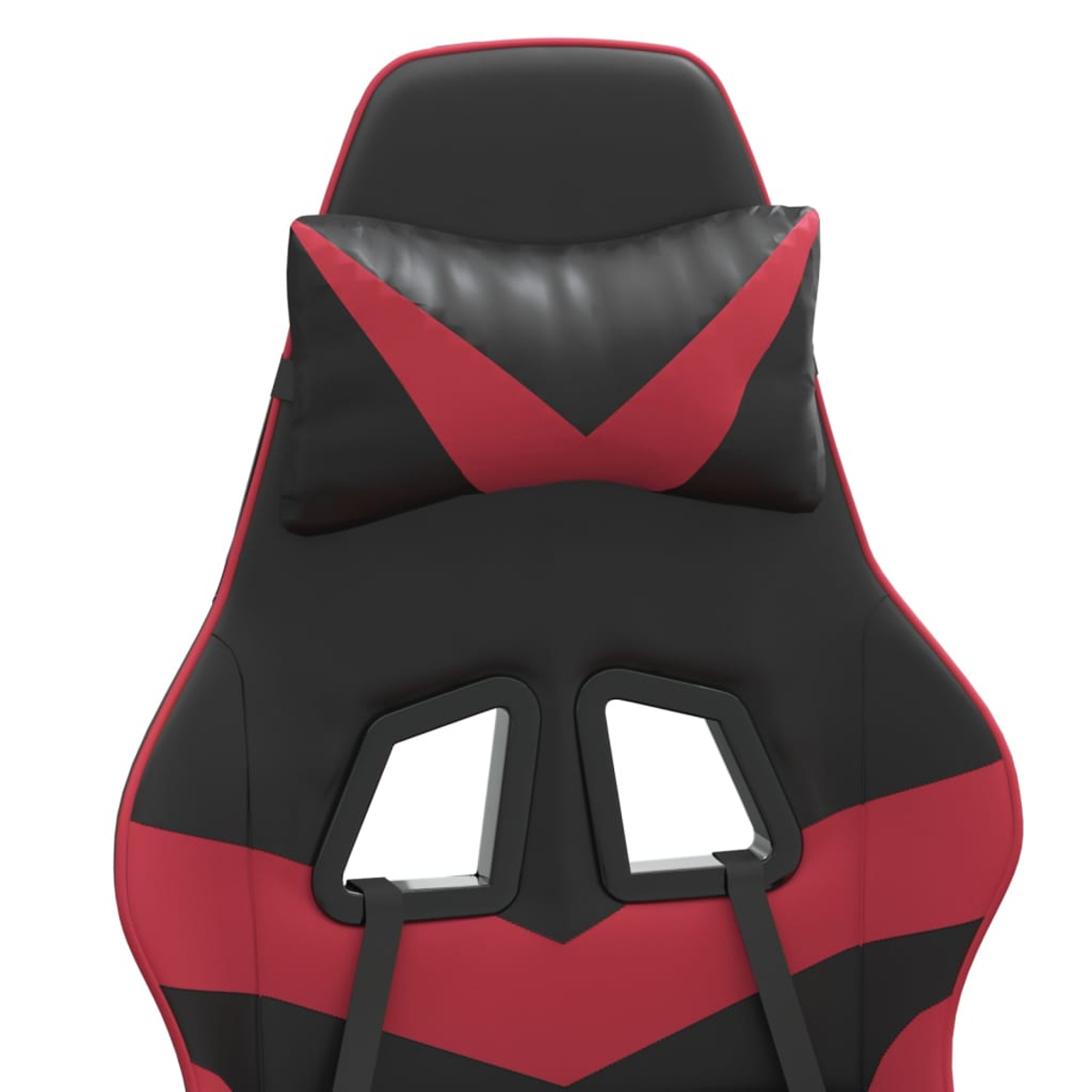Nahaufnahme eines Gaming-Stuhls. Der Stuhl ist schwarz und rot, mit Kopf- und Rückenstütze. Das Design ist modern und ergonomisch.