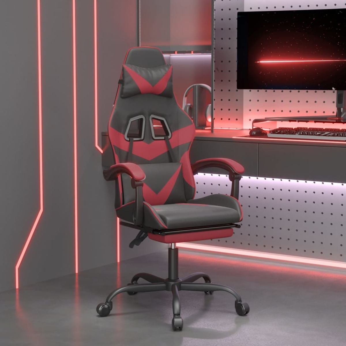 Gaming-Stuhl mit rotem und schwarzem Design. Im Hintergrund ein Schreibtisch mit Monitor und Tastatur. Rote Neonlichter an den Wänden.