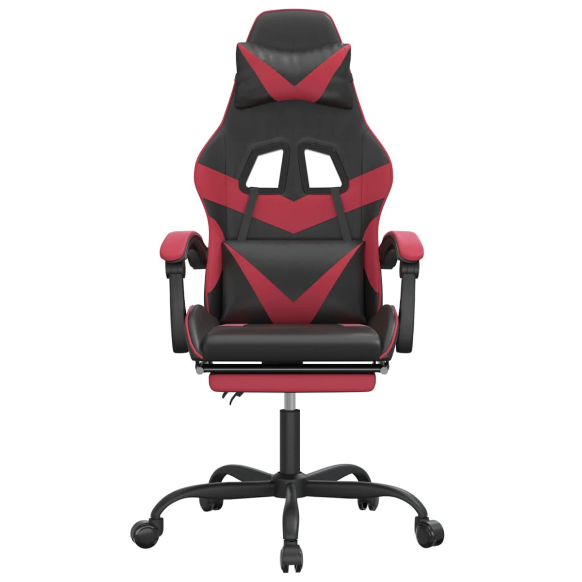 Ein Gaming-Stuhl, schwarz und rot, mit Kopfstütze, Armlehnen und einem Fünf-Rollen-Fuß. Der Stuhl steht auf weißem Hintergrund.