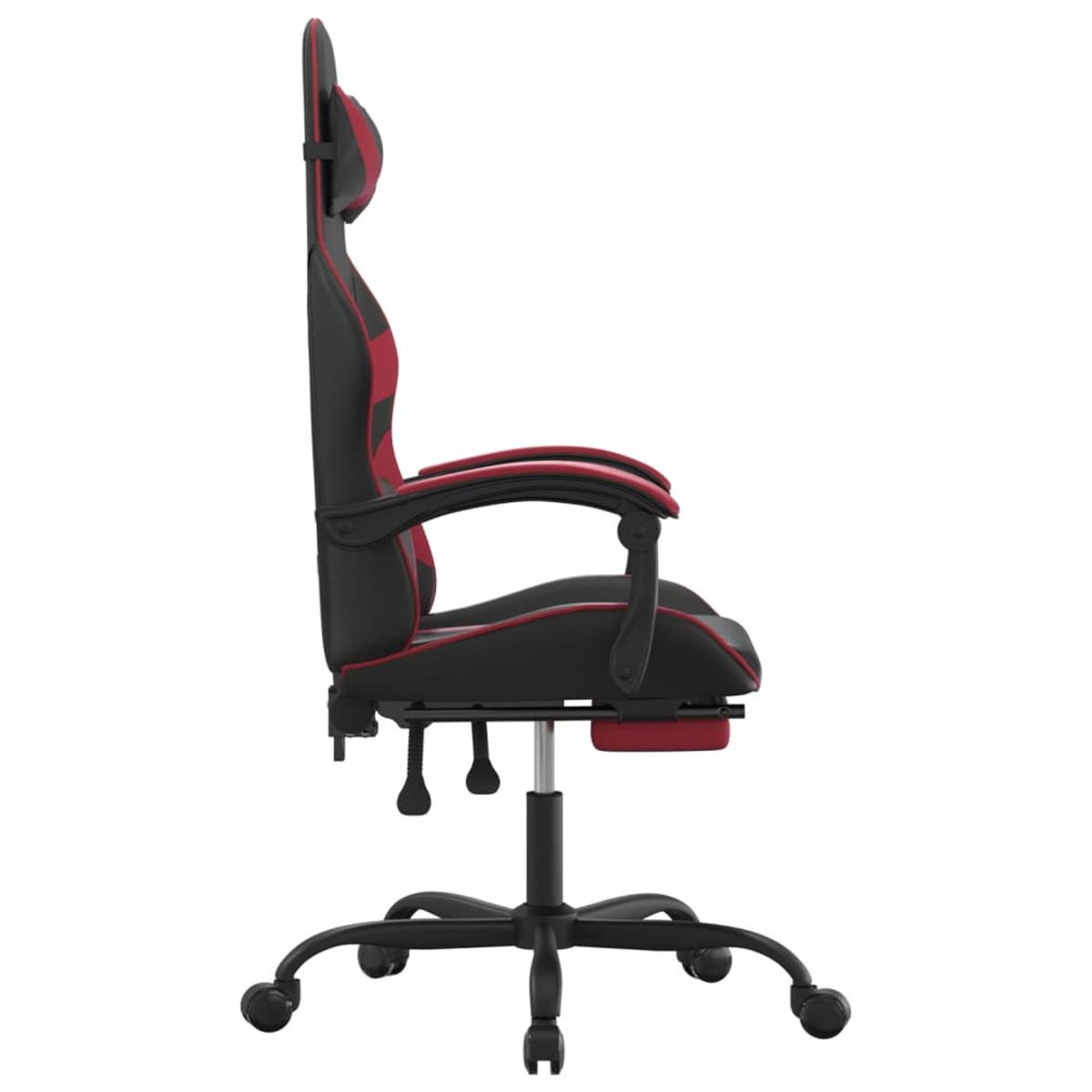 Seitenansicht eines schwarz-roten Gaming-Stuhls. Er hat eine hohe Rückenlehne, Armlehnen, eine Kopfstütze und ein Fünf-Rollen-Gestell.