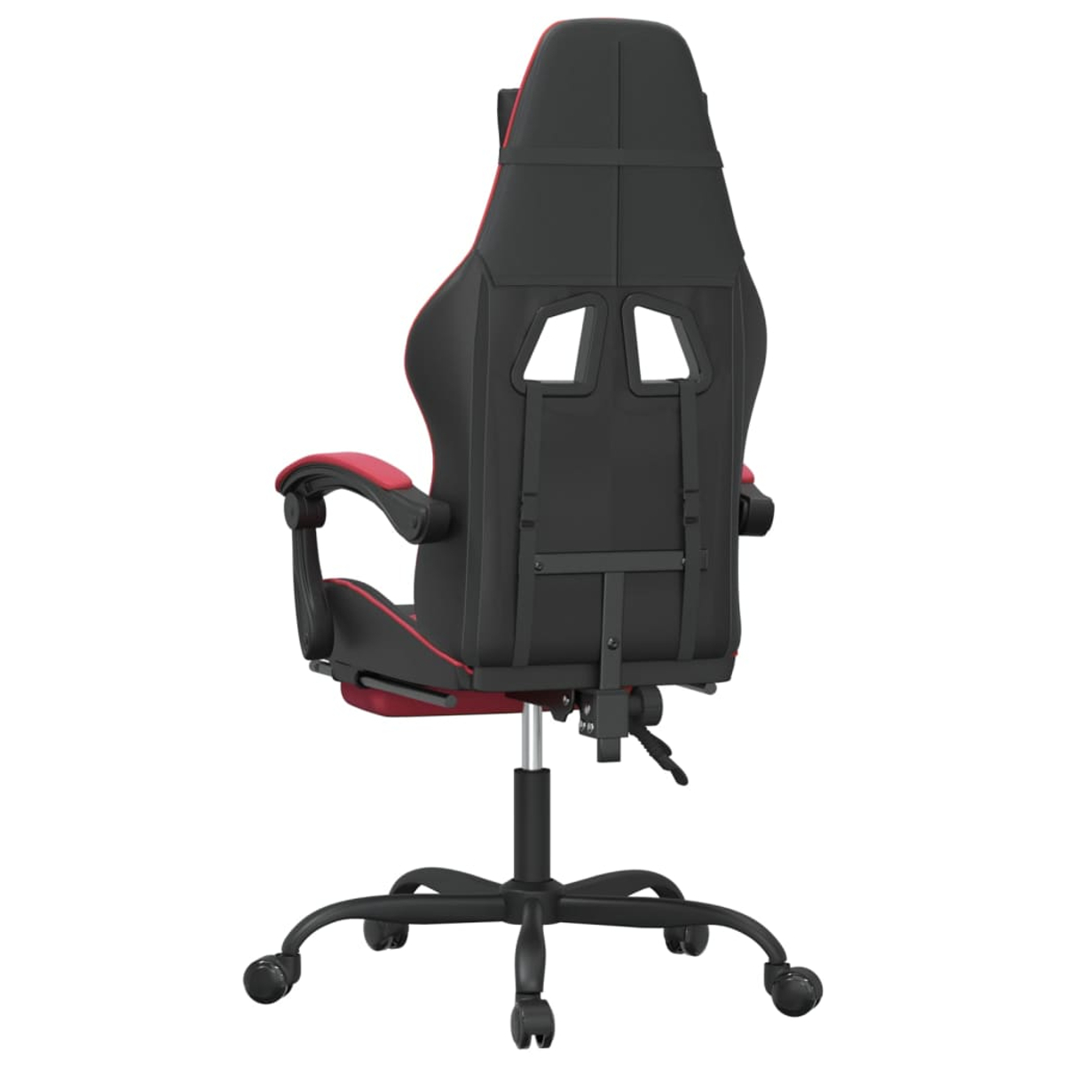 Ein schwarz-roter Gaming-Stuhl wird von hinten gezeigt. Der Stuhl hat eine hohe Rückenlehne mit roten Akzenten und steht auf einem schwarzen Rollfuß.
