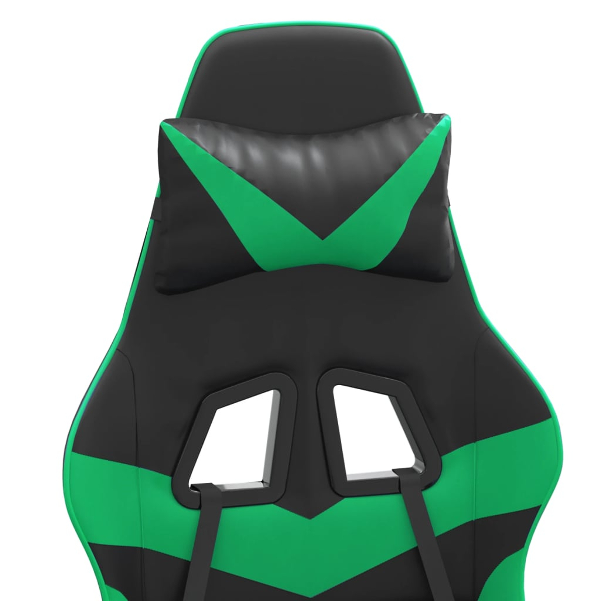 Ein Gaming-Stuhl mit schwarzem und grünem Design. Er hat ein Kopfstützenkissen und eine Rückenlehne. Der Stuhl hat zwei Öffnungen hinten.