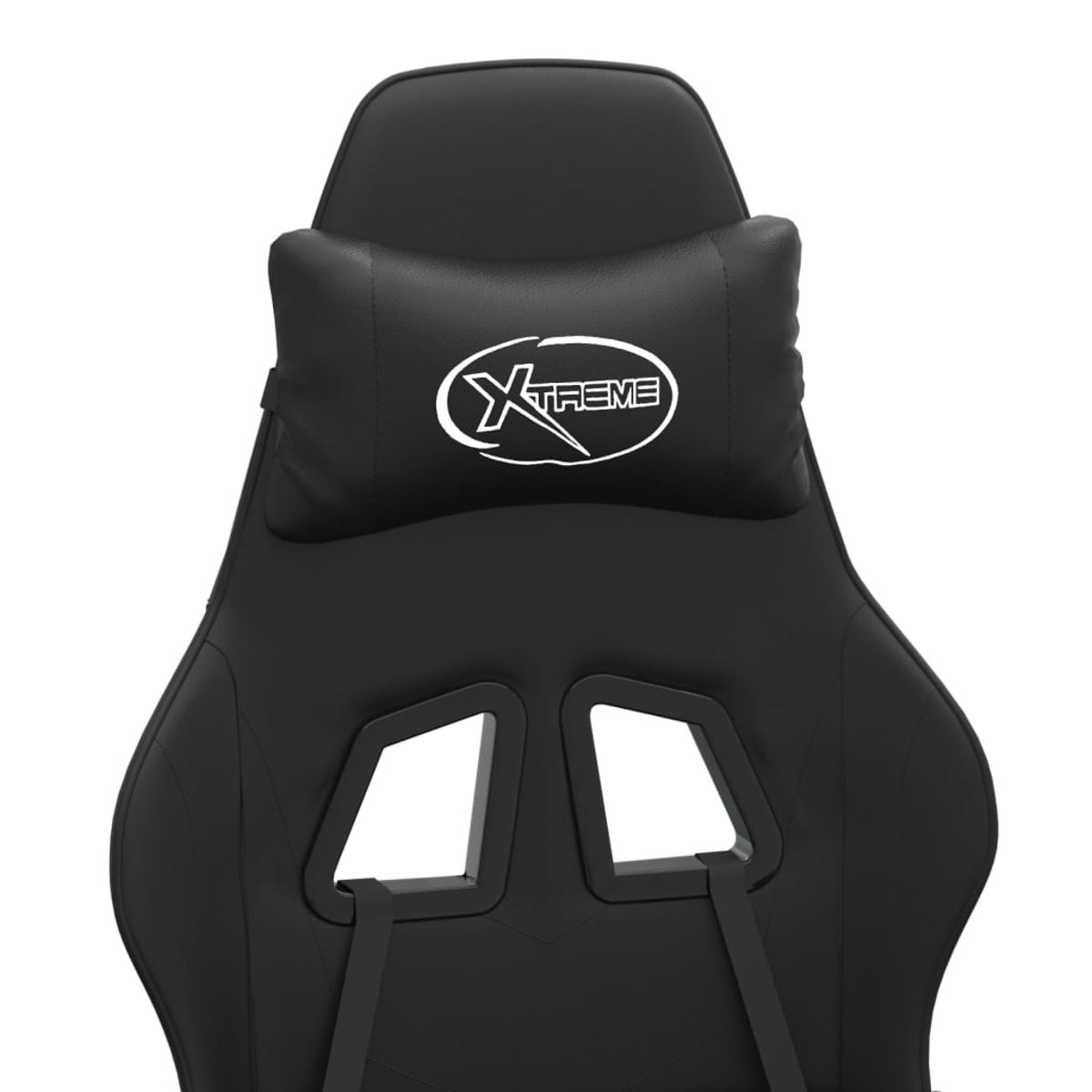 Ein schwarzer Gaming-Stuhl mit Kopfstütze und weißem "Xtreme"-Logo. Der Stuhl hat zwei Öffnungen und Gurte.