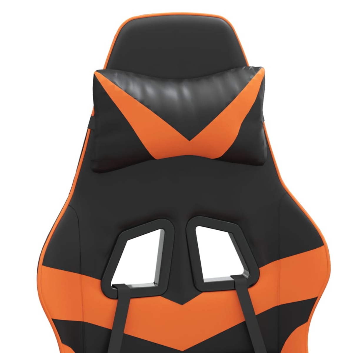 Nahaufnahme eines Gaming-Stuhls. Er ist schwarz und orange, mit Kopf- und Rückenlehne. Das Design hat eine V-Form.