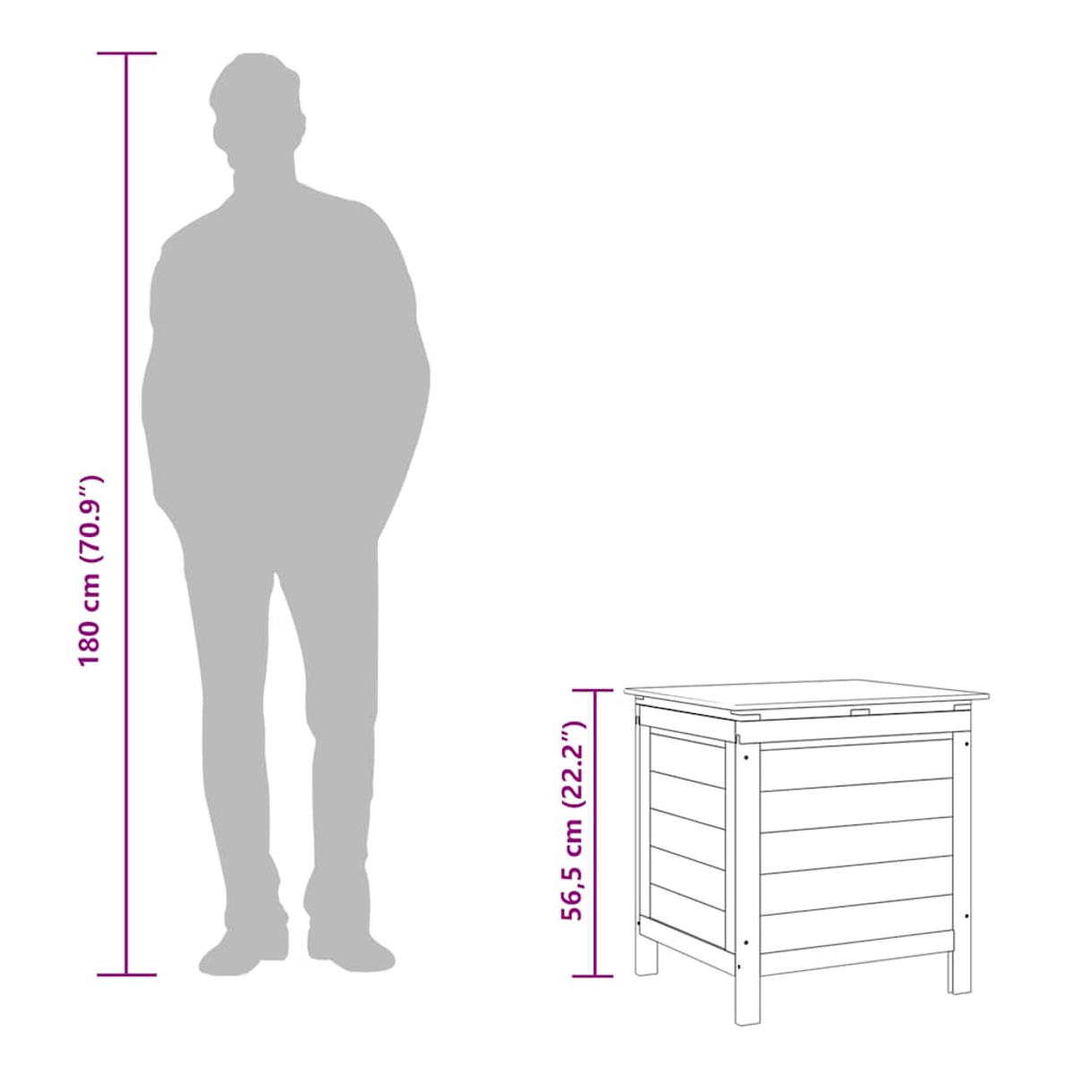 Eine Person im Schatten steht neben einer Holzkiste. Maße sind beschriftet: 180 cm (70,9") und 56,5 cm (22,2").