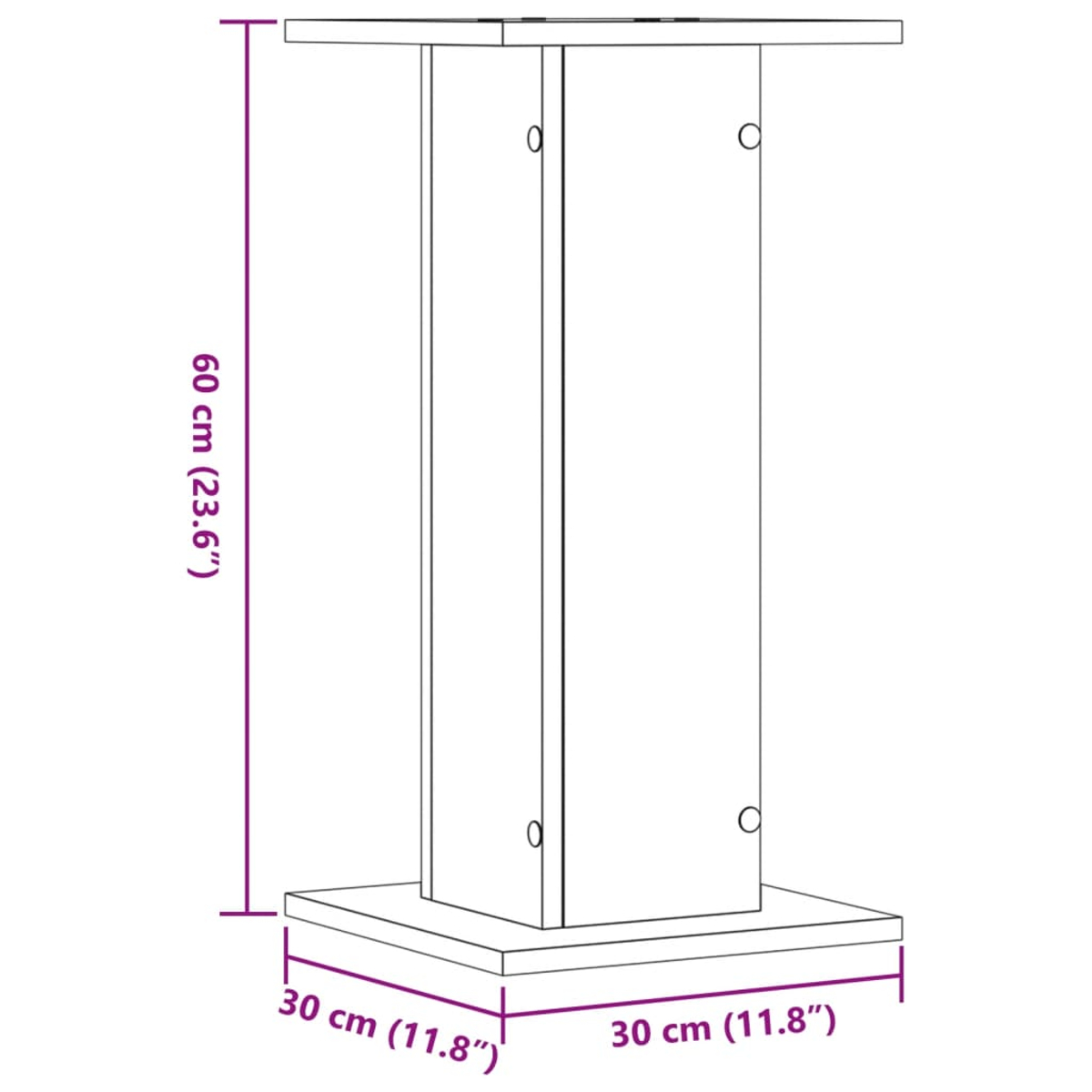 Ein weißer Holzsockel mit quadratischer Ober- und Unterseite. Die Abmessungen sind angegeben: 60 cm hoch und 30 cm breit.