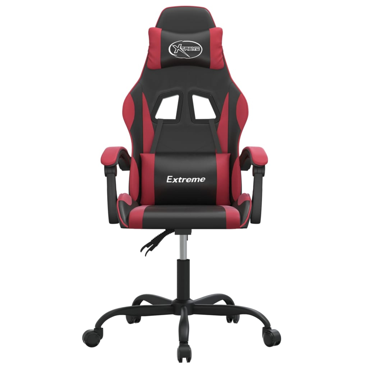 Ein Gaming-Stuhl mit schwarzem und rotem Farbschema. Er hat eine Kopfstütze, Armlehnen und ein Fünf-Rollen-Gestell. Das Wort "Extreme" ist sichtbar.