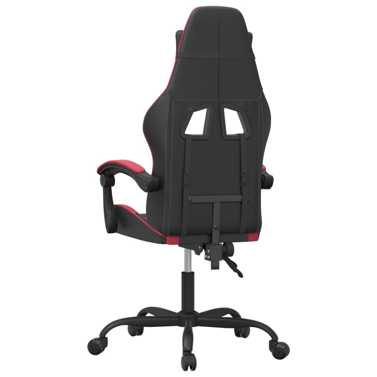 Rückansicht eines schwarz-roten Gaming-Stuhls. Er hat eine hohe Rückenlehne, Armlehnen und ein schwarzes Untergestell mit Rollen. Der Hintergrund ist weiß.