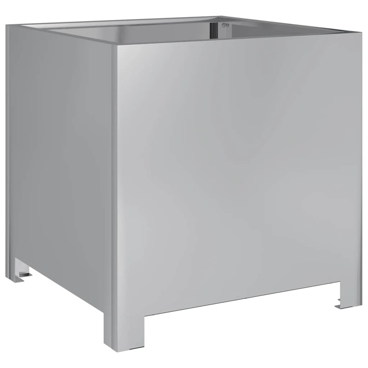 Un mobile grigio metallico di forma rettangolare. Ha quattro gambe e un top aperto. Il mobile sembra nuovo e inutilizzato.