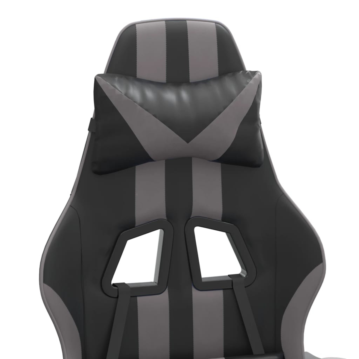 Nahaufnahme eines schwarz-grauen Gaming-Stuhls. Der Stuhl hat eine Kopfstütze mit grauem Pfeildesign und grauen Streifen.