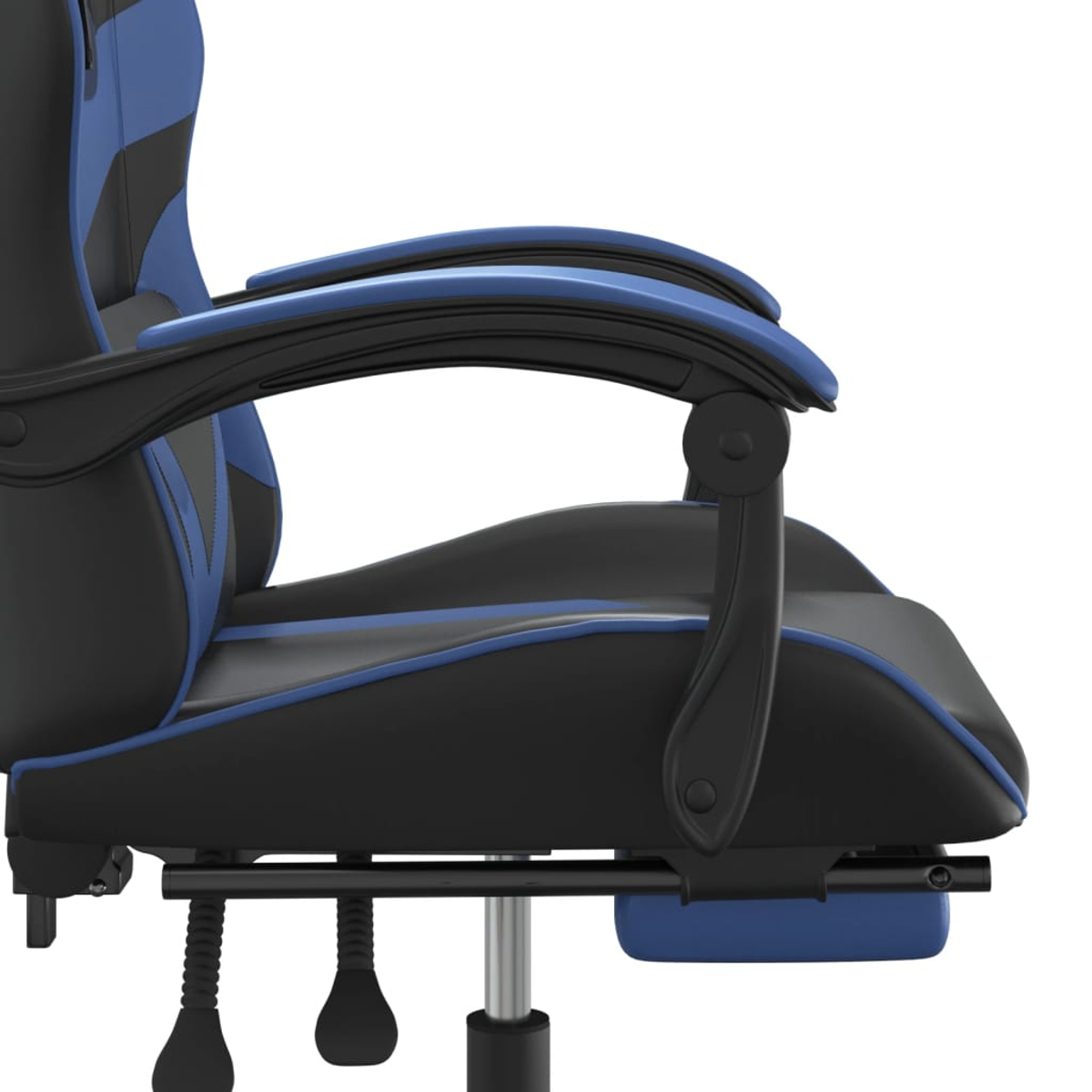 Seitenansicht eines Gaming-Stuhls. Er ist schwarz und blau, mit Armlehnen. Der Stuhl steht auf einem Metallfuß und hat eine Fußstütze.