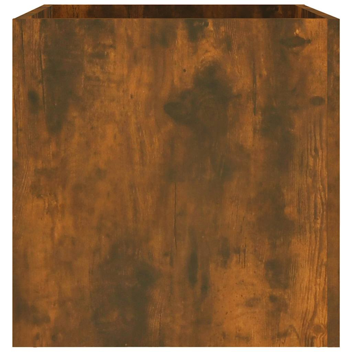 Nahaufnahme einer Holzkiste. Das Holz hat eine braune Farbe mit sichtbaren Maserungen und Knoten. Die Kiste hat eine rechteckige Form.