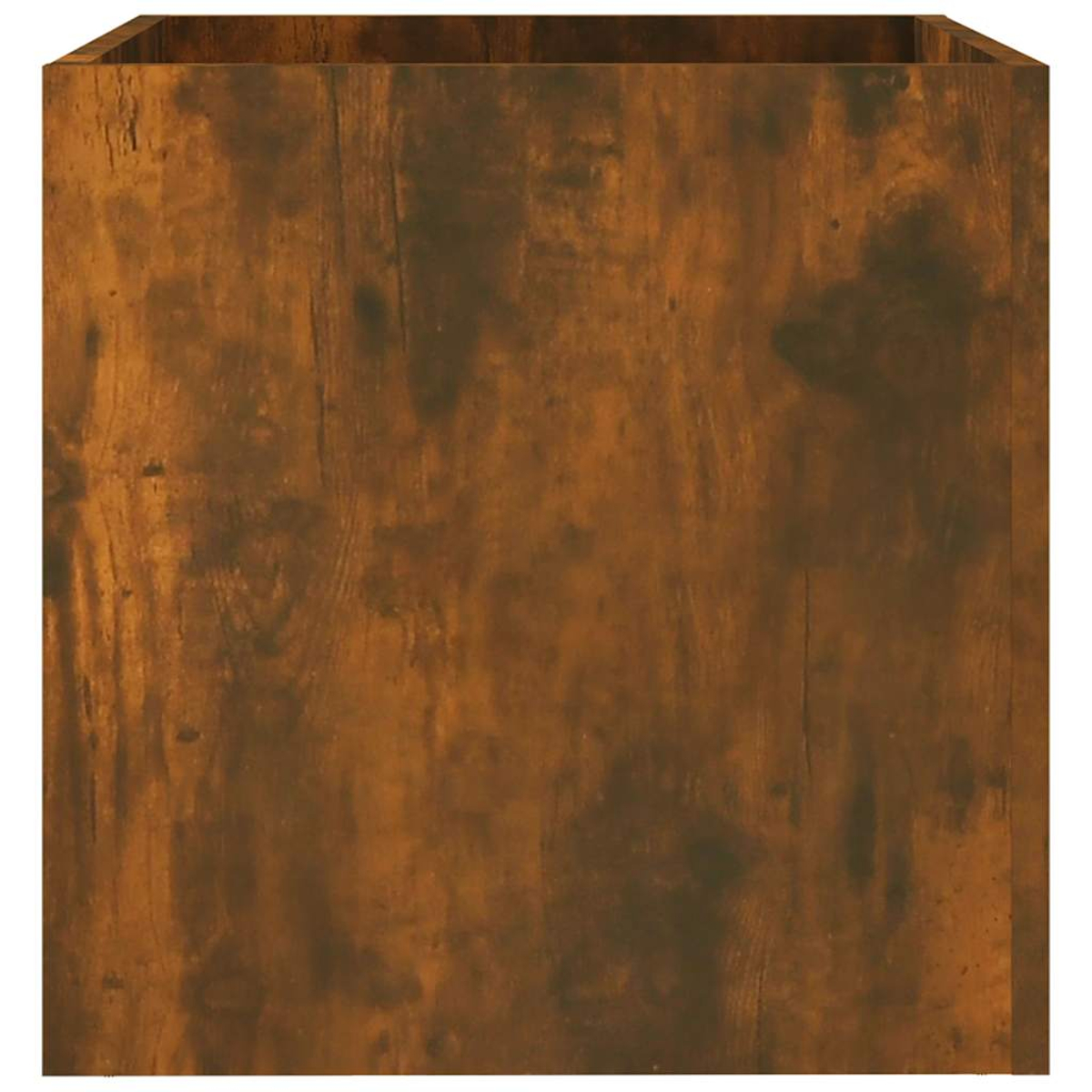 Nahaufnahme einer Holzkiste. Die Holzmaserung ist sichtbar, mit verschiedenen Brauntönen. Die Kiste ist rechteckig.