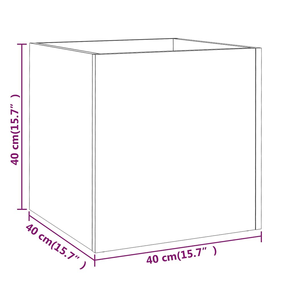 Diagramm eines Würfels mit Abmessungen: 40 cm (15,7 Zoll) auf jeder Seite und Höhe. Der Würfel ist oben offen.