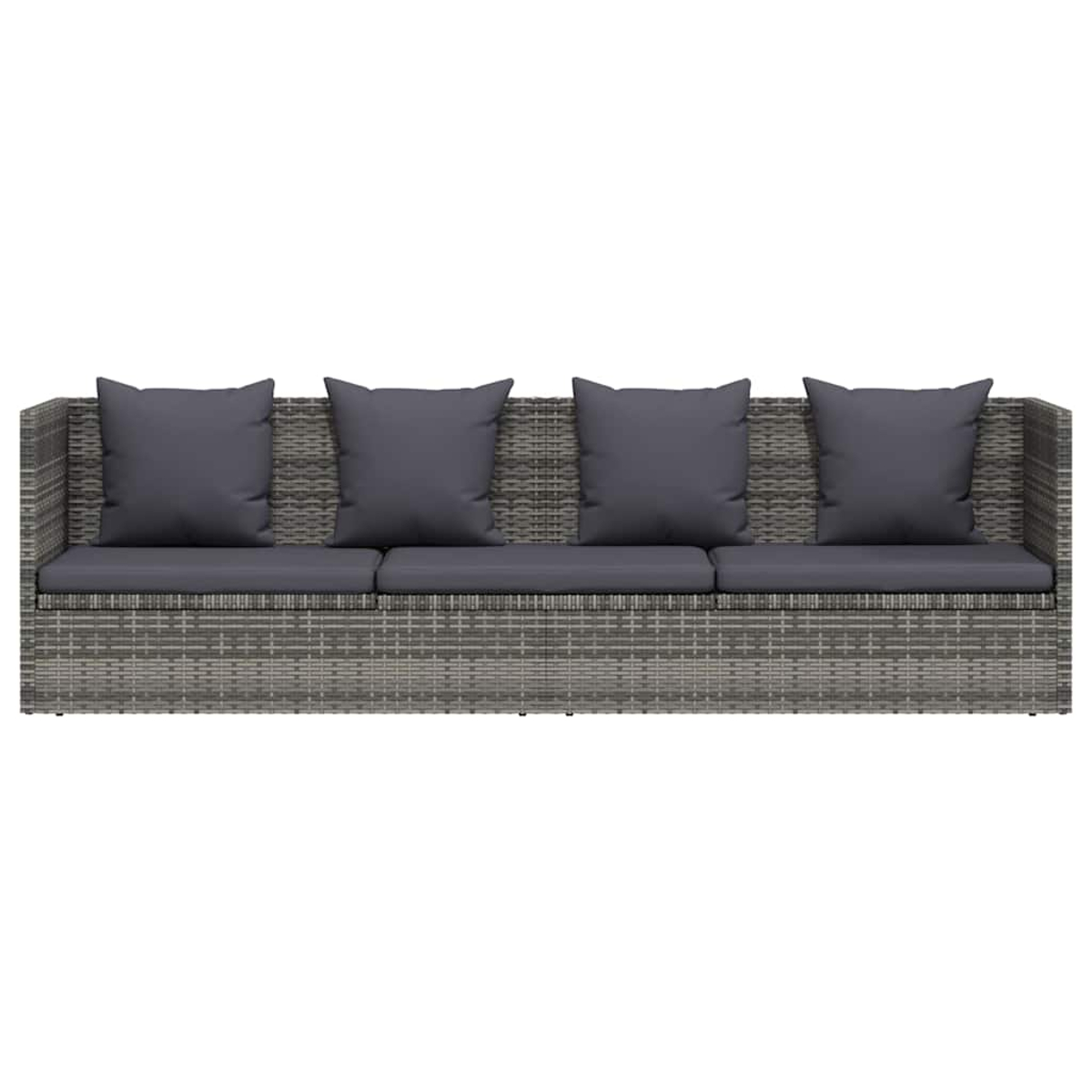 Ein graues Korbmöbelsofa mit vier grauen Kissen. Der Hintergrund ist weiß.