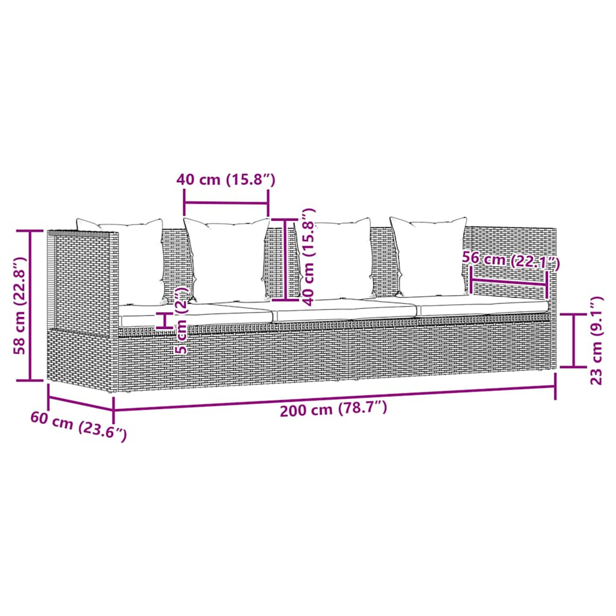 Ein geflochtenes Outdoor-Sofa mit Kissen wird gezeigt, mit Maßangaben: 200 cm lang, 60 cm breit und 58 cm hoch.