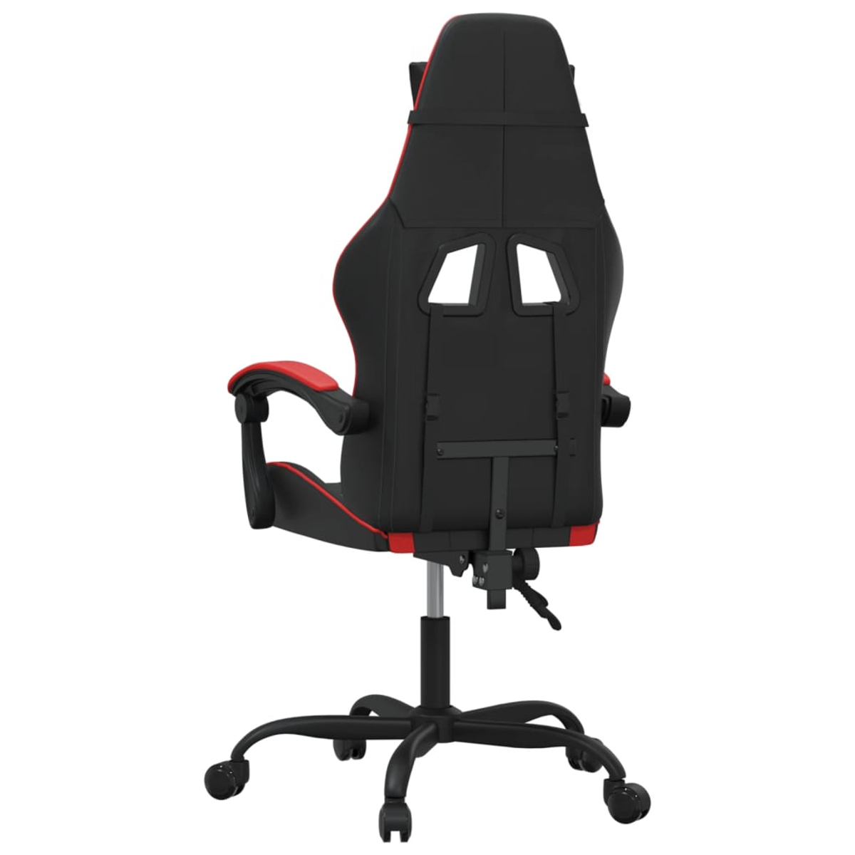 Schwarzer und roter Gaming-Stuhl. Der Stuhl hat eine hohe Rückenlehne mit zwei Öffnungen, Armlehnen und einem Fünf-Sterne-Fuß mit Rädern.