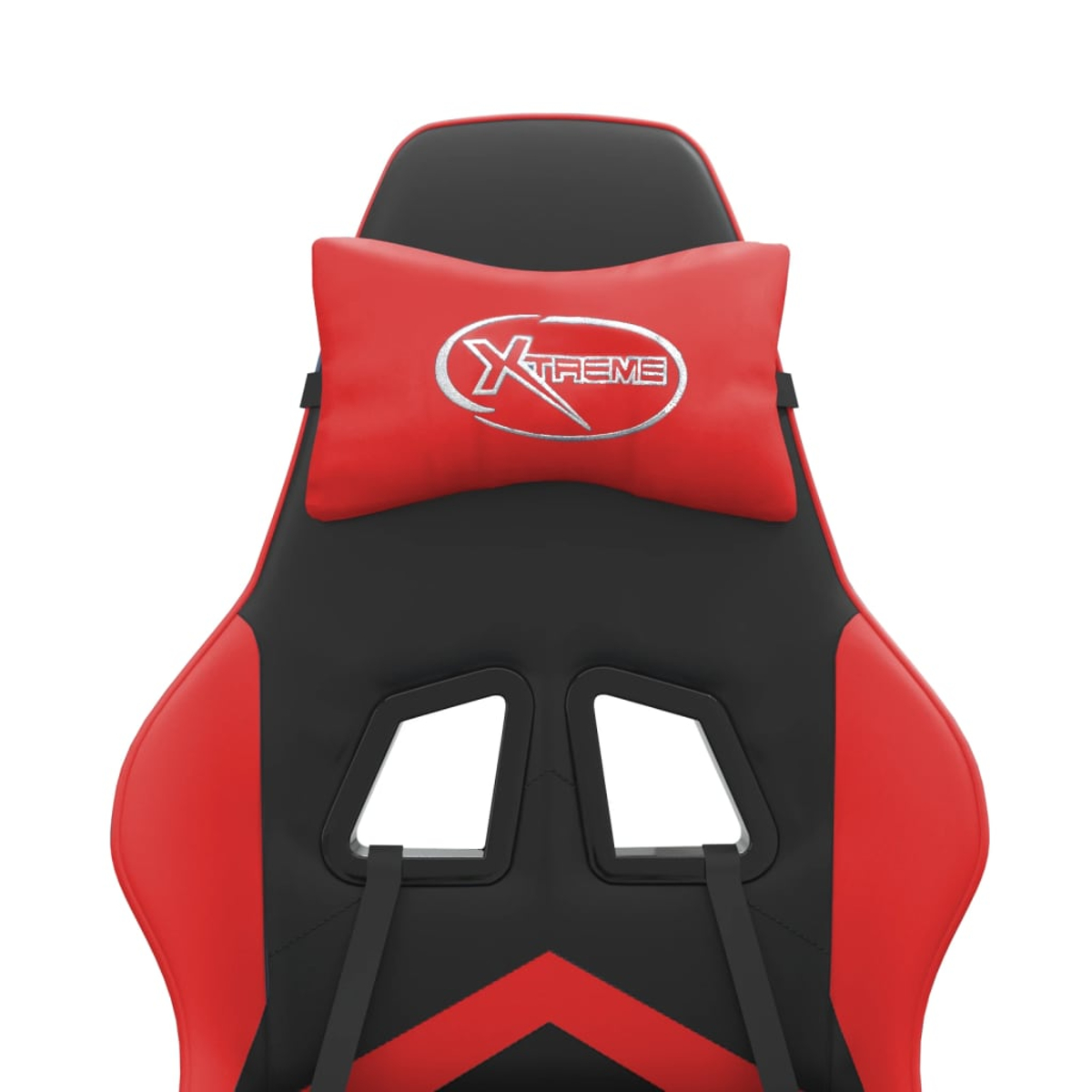 Gezeigt wird ein roter und schwarzer Gaming-Stuhl. Er hat eine rote Kopfstütze mit dem Wort XTREME. Der Rücken hat zwei Öffnungen.