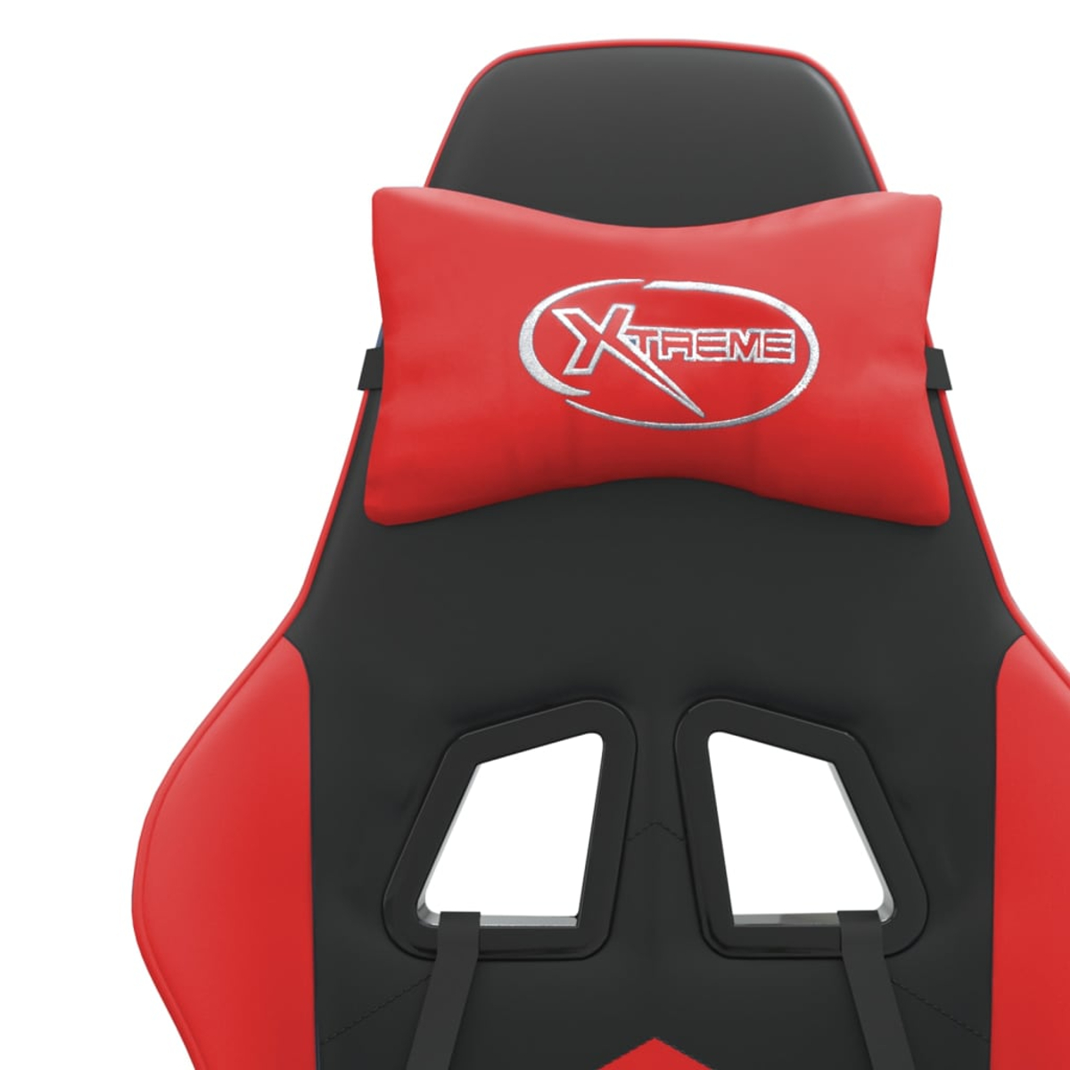 Ein rot-schwarzer Gaming-Stuhl wird gezeigt. Er hat eine rote Kopfstütze mit dem Wort 'Xtreme'. Der Stuhl hat eine schwarze Rückenlehne und rote Seiten.