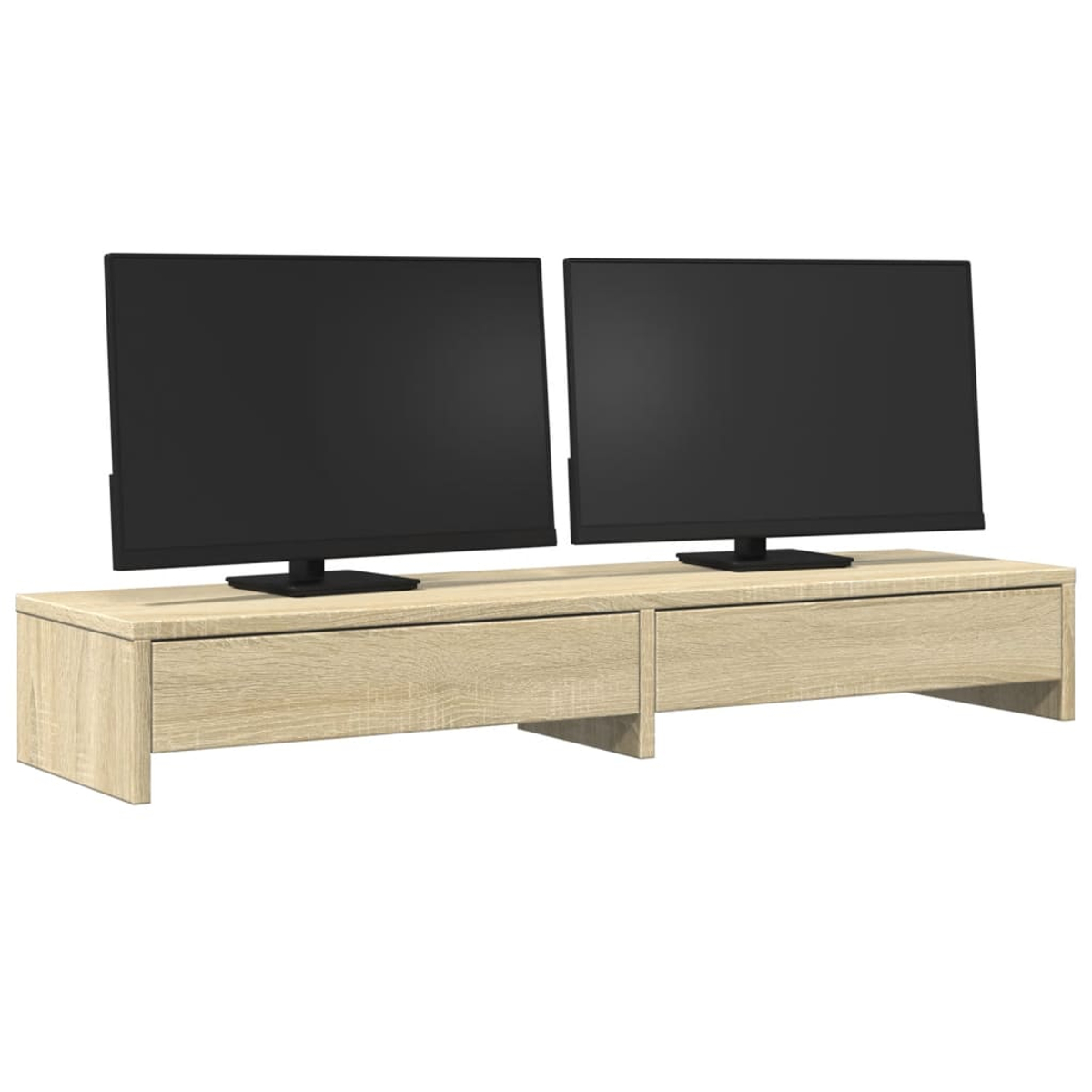 Zwei schwarze Monitore stehen auf einem hellen TV-Ständer aus Holz mit zwei Schubladen. Der Hintergrund ist weiß.