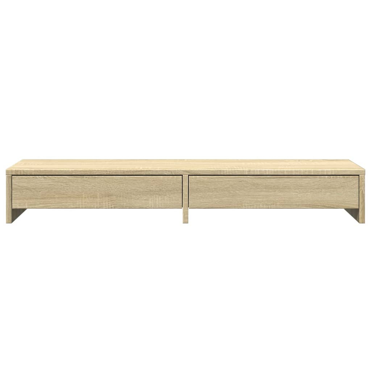 Ein niedriger Holzschrank mit zwei Schubladen. Der Schrank ist hellbraun und hat ein schlichtes, modernes Design. Er steht vor weißem Hintergrund.