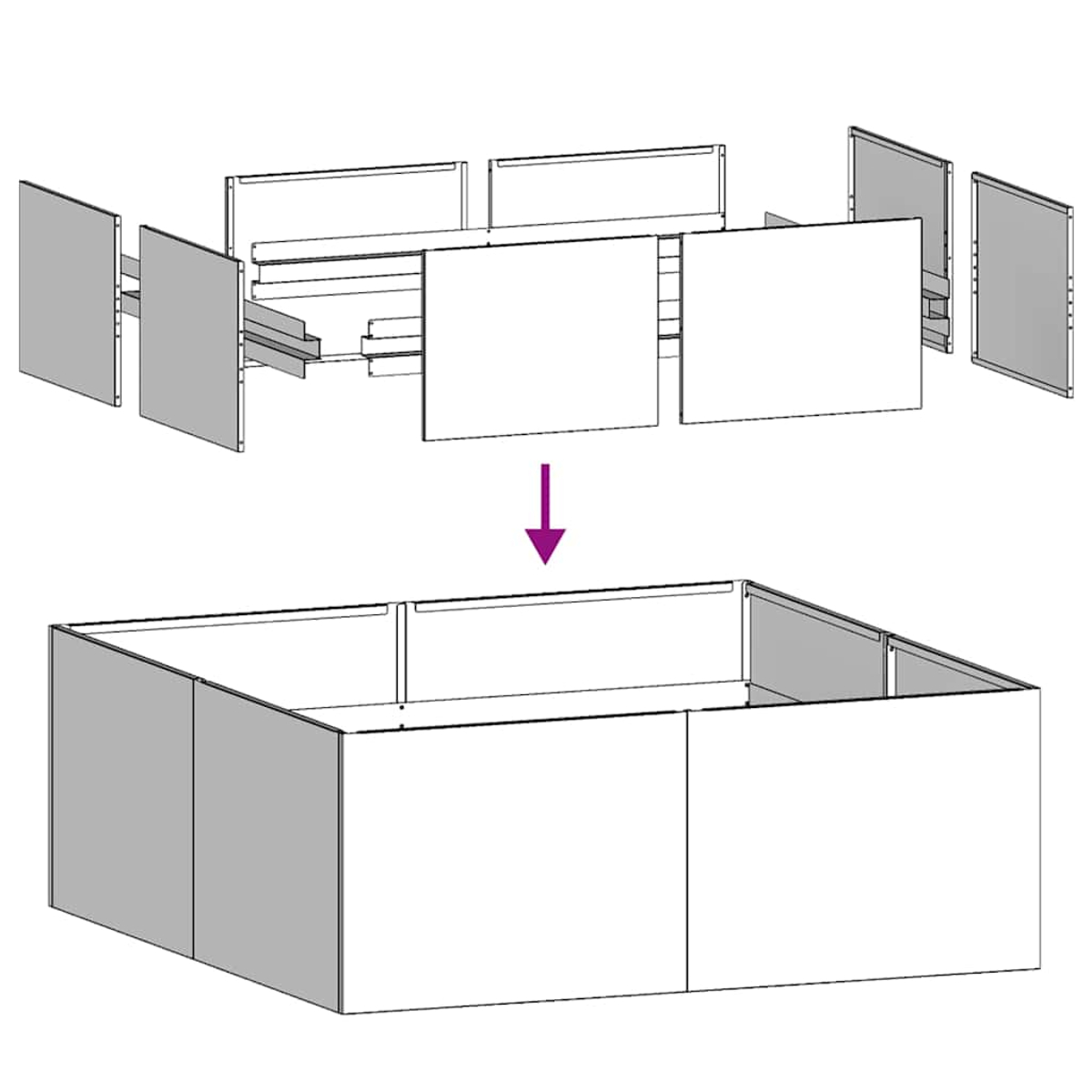 Diagramma di assemblaggio di una mostra. Sopra: pannelli smontati. Sotto: mostra assemblata. Freccia indica l'assemblaggio.