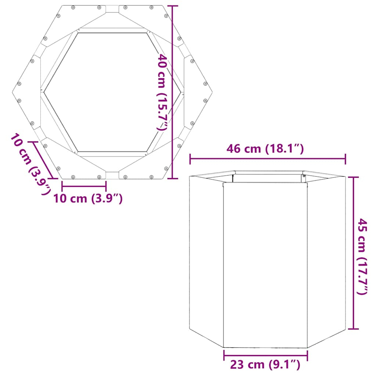 Diagramm eines achteckigen Pflanzgefäßes. Die Abmessungen sind beschriftet: 40 cm, 10 cm, 46 cm, 45 cm und 23 cm. Enthält eine Draufsicht und eine Seitenansicht.