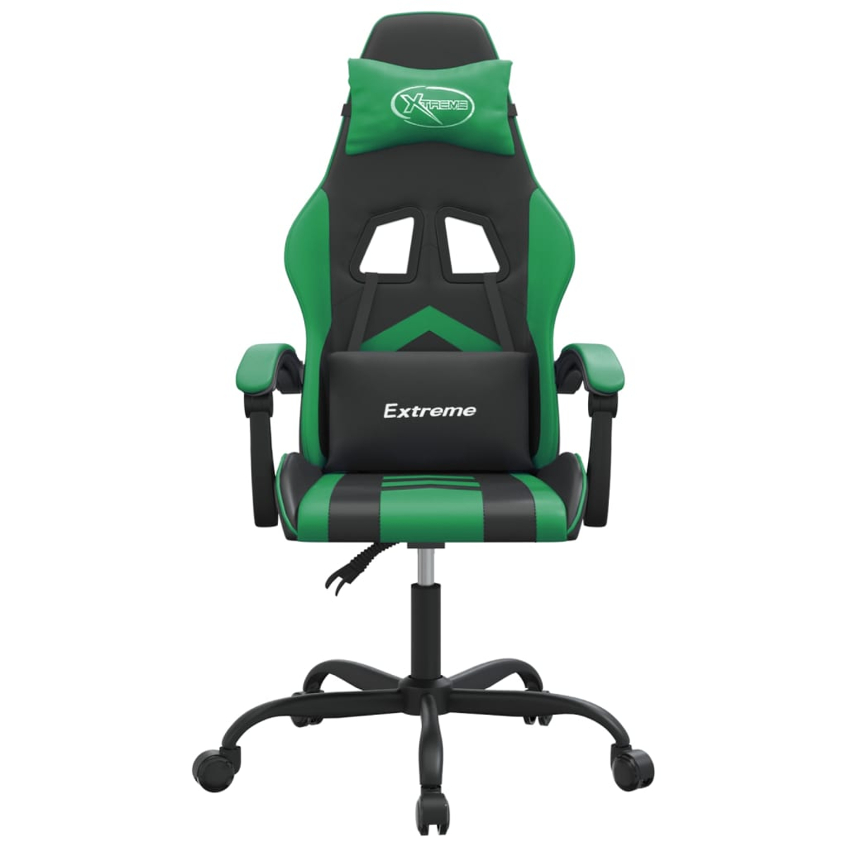 Ein grüner und schwarzer Gaming-Stuhl mit den Wörtern "Xtreme" und "Extreme" darauf, hat eine Kopfstütze und ein Lendenkissen.