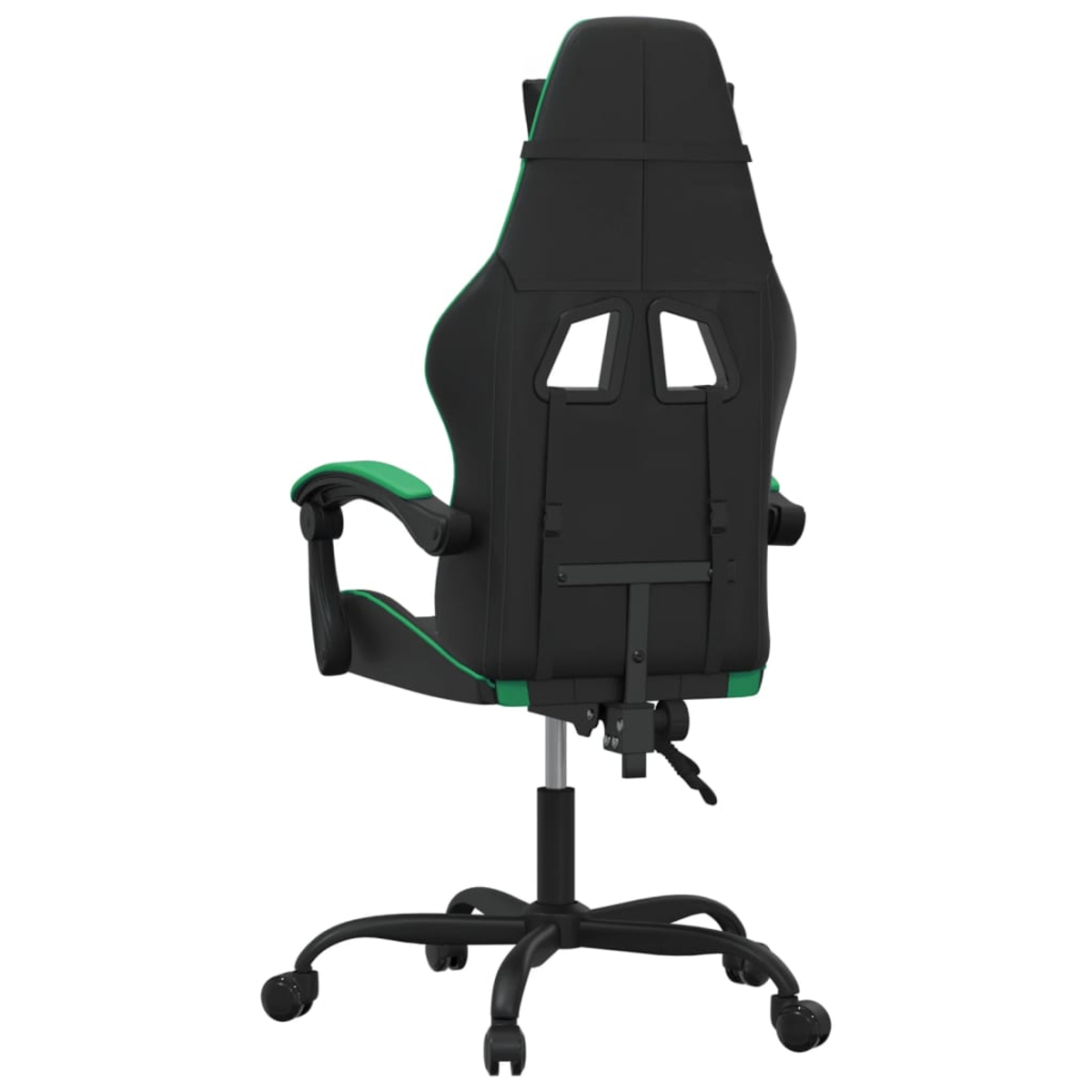 Schwarzer und grüner Gaming-Stuhl, Rückansicht. Er hat eine hohe Rückenlehne mit zwei Öffnungen, Armlehnen und ein Fünf-Rollen-Gestell.