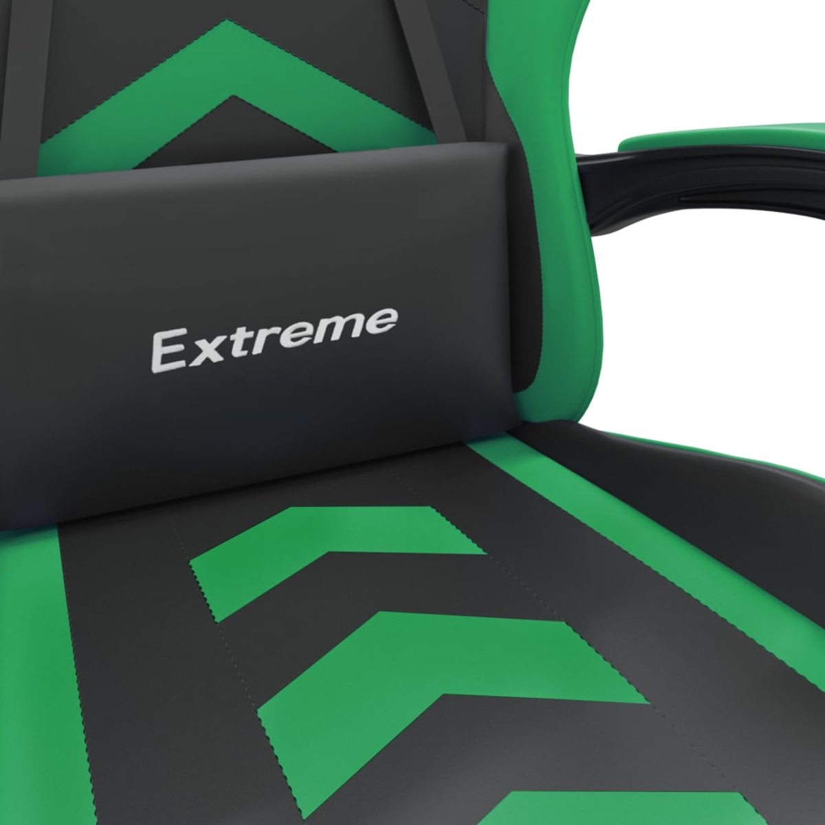 Nahaufnahme eines Gaming-Stuhls mit grünen und schwarzen Akzenten. Auf der Kopfstütze steht das Wort "Extreme".