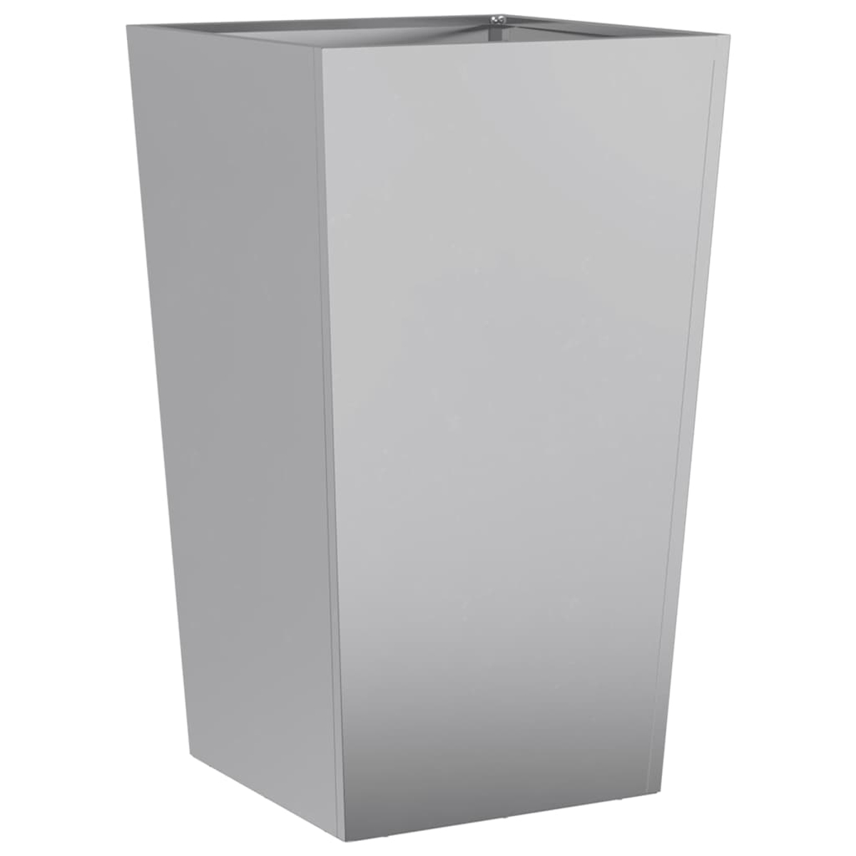 Un'alta fioriera grigia trapezoidale su sfondo bianco. Ha una parte superiore a forma di scatola e i lati sono inclinati verso la base.