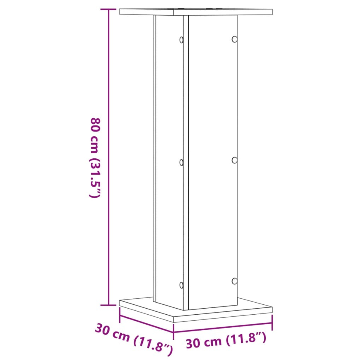 Eine schematische Darstellung einer Holzsäule mit Maßangaben. Die Säule ist rechteckig mit einem Sockel und einer Oberseite.