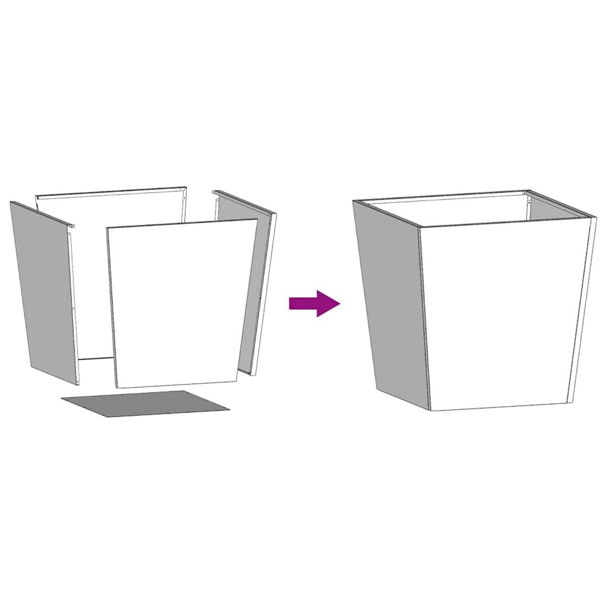 Diagramm zeigt den Zusammenbau eines quadratischen Pflanzgefäßes. Teile sind links separat und rechts montiert dargestellt, mit einem Pfeil.