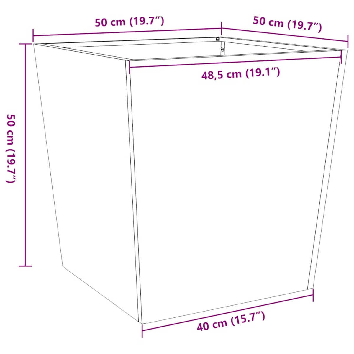 Ein weißer, trapezförmiger Pflanzkübel mit Maßangaben in Zentimetern und Zoll: 50 cm, 48,5 cm, 40 cm und 50 cm.
