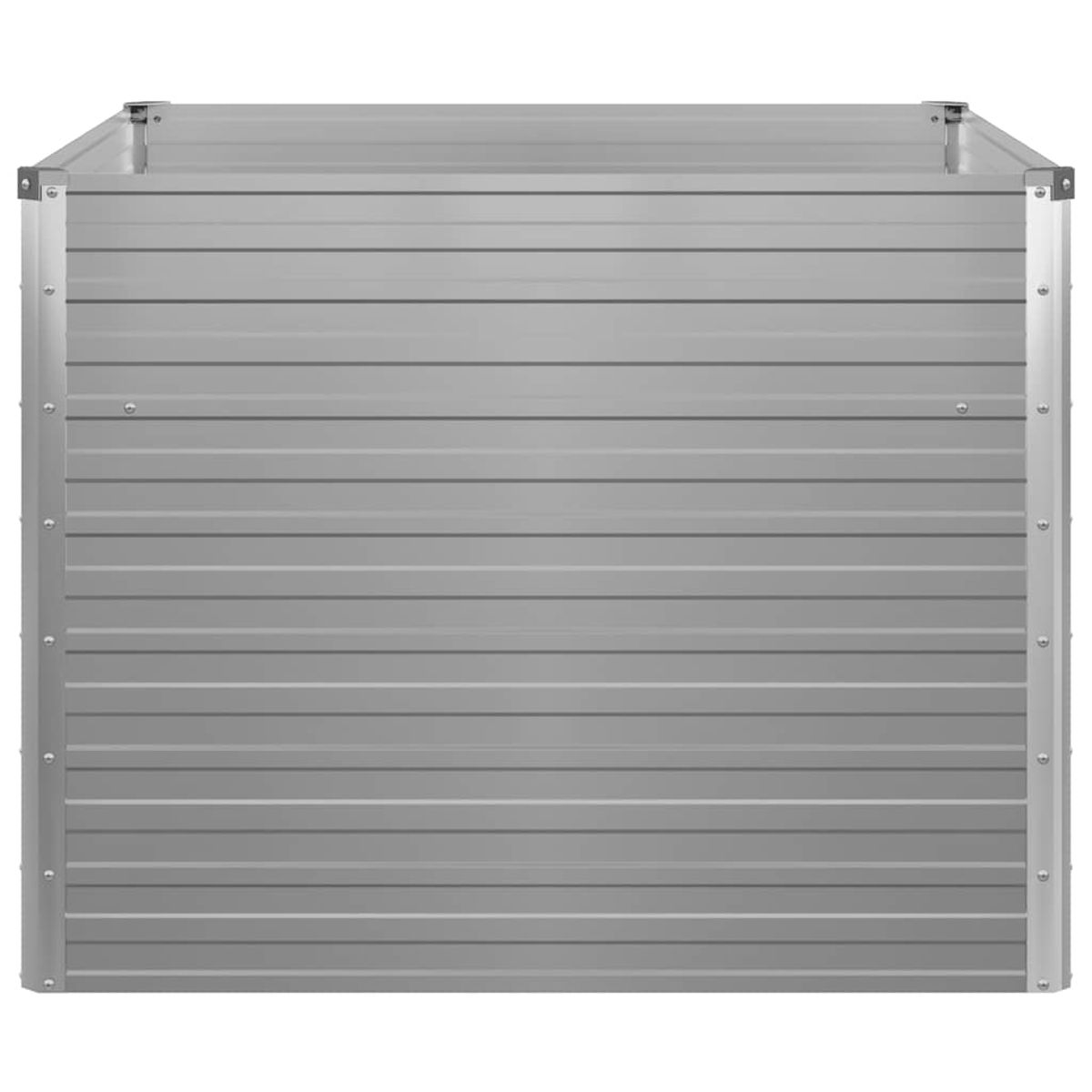 Eine graue, rechteckige Metall-Pflanzkiste. Sie hat horizontale gerippte Seiten, Eckwinkel und Nieten. Die Oberkante ist glatt.