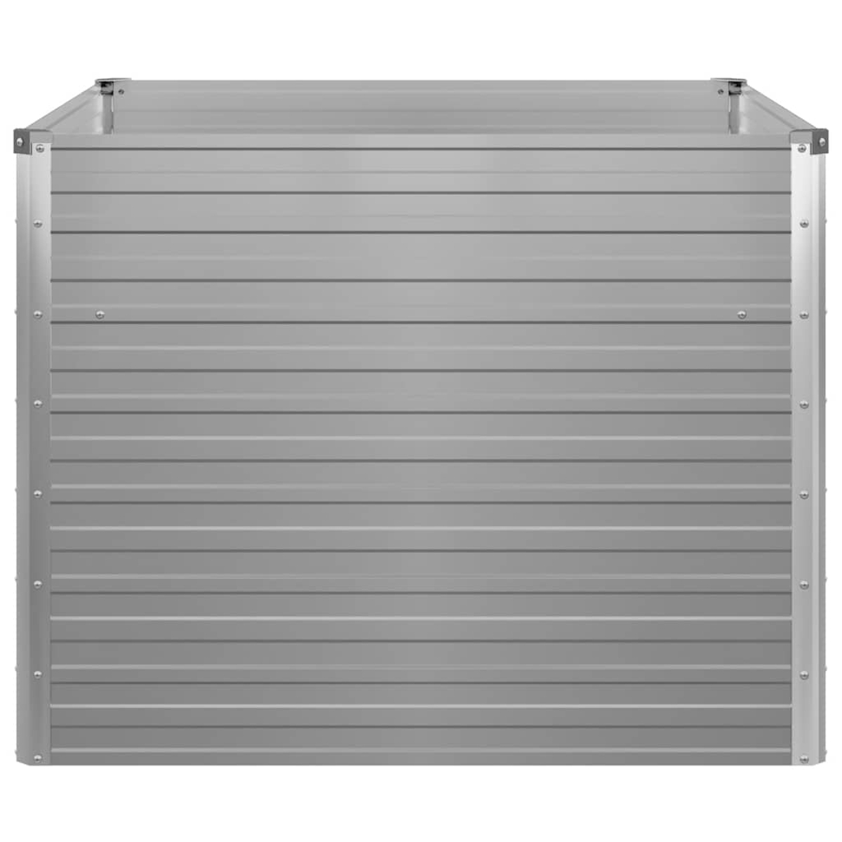 Ein grauer Metallbehälter mit horizontalen Linien. Die Ecken sind mit Metalleinfassungen und Nieten verstärkt.