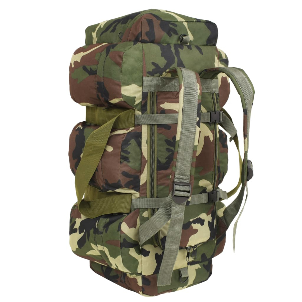 Ein Tarnrucksack mit grünen, braunen und beigen Mustern. Er hat mehrere Fächer, Gurte und Schnallen zum Einstellen und Tragen.
