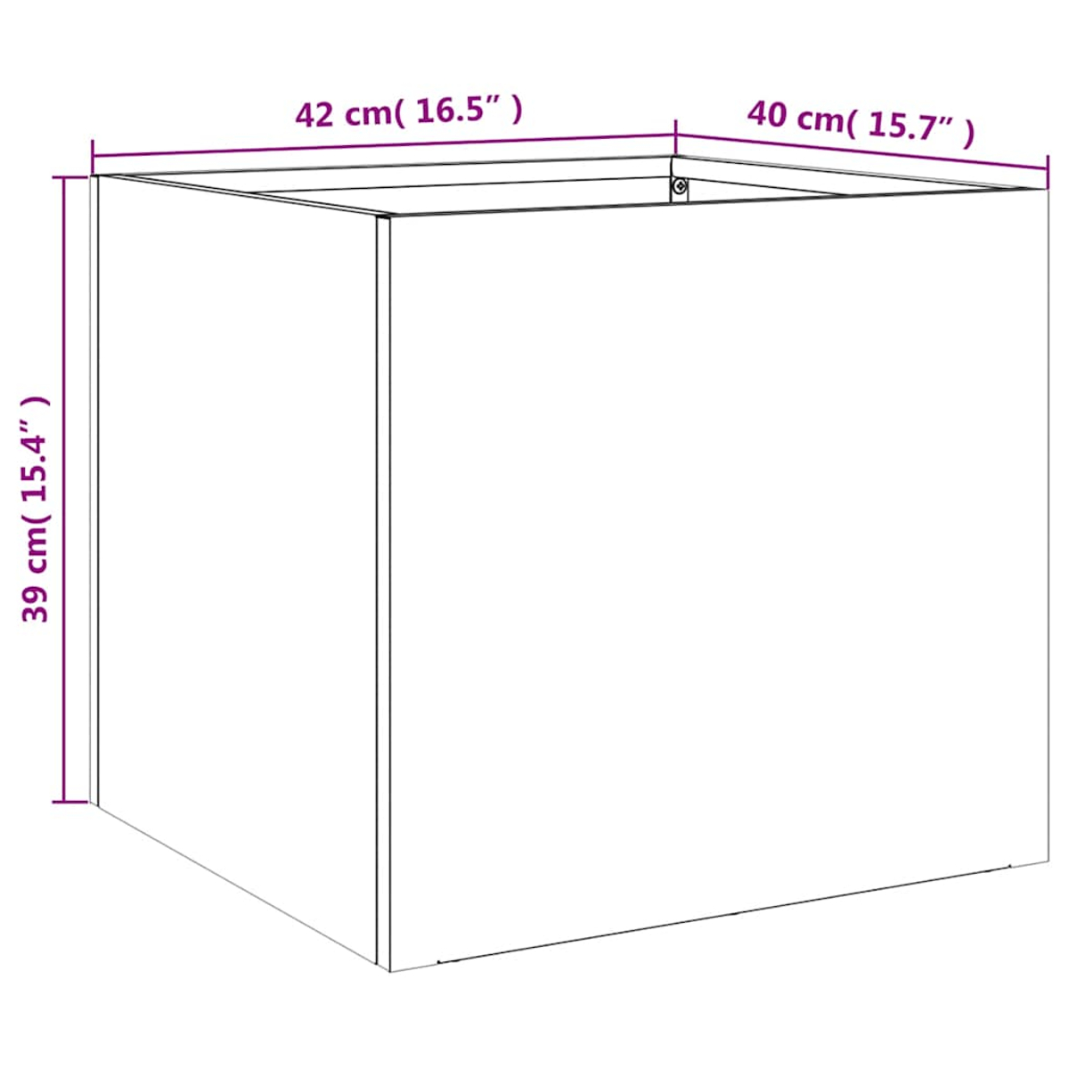 Ein weißer Kasten mit Maßangaben. Oben 42 cm (16,5 Zoll) und 40 cm (15,7 Zoll). Seite 39 cm (15,4 Zoll).