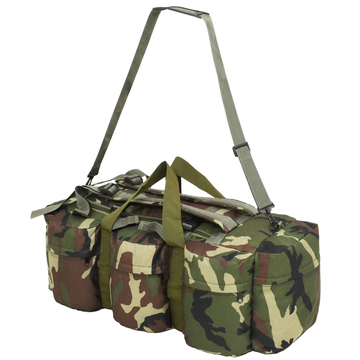 Eine Tarn-Reisetasche mit Schultergurt und Griffen. Die Tasche hat mehrere Fächer und ein grünes und braunes Muster.
