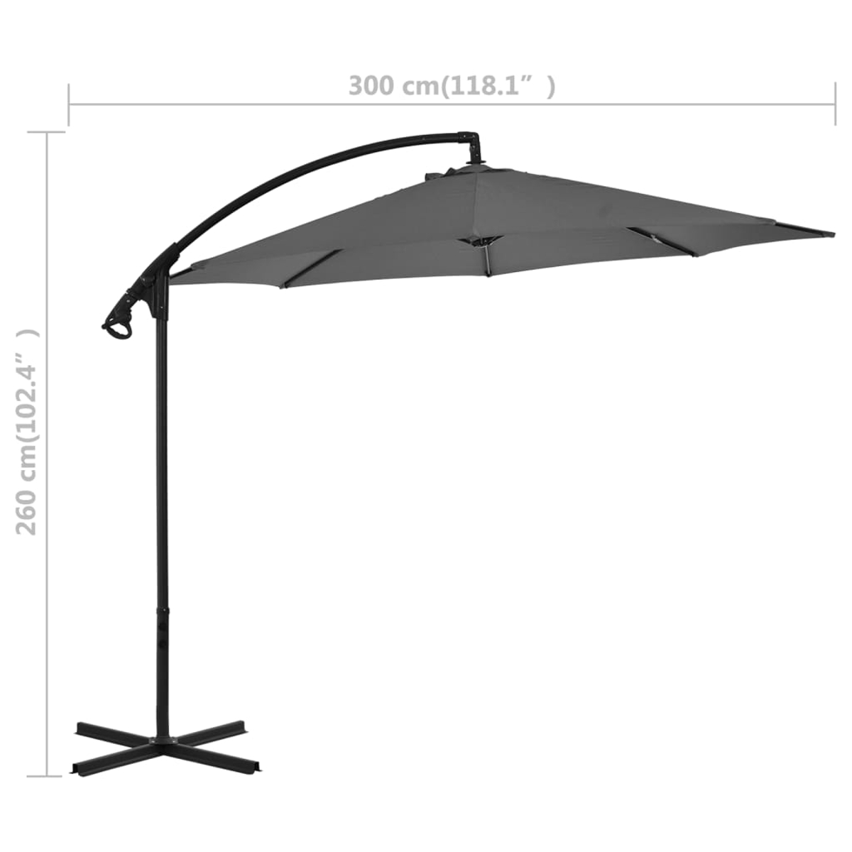 Ein grauer Ausleger-Sonnenschirm mit schwarzem Rahmen. Der Schirm ist geöffnet und zeigt seine volle Breite. Abmessungen sind ebenfalls sichtbar.