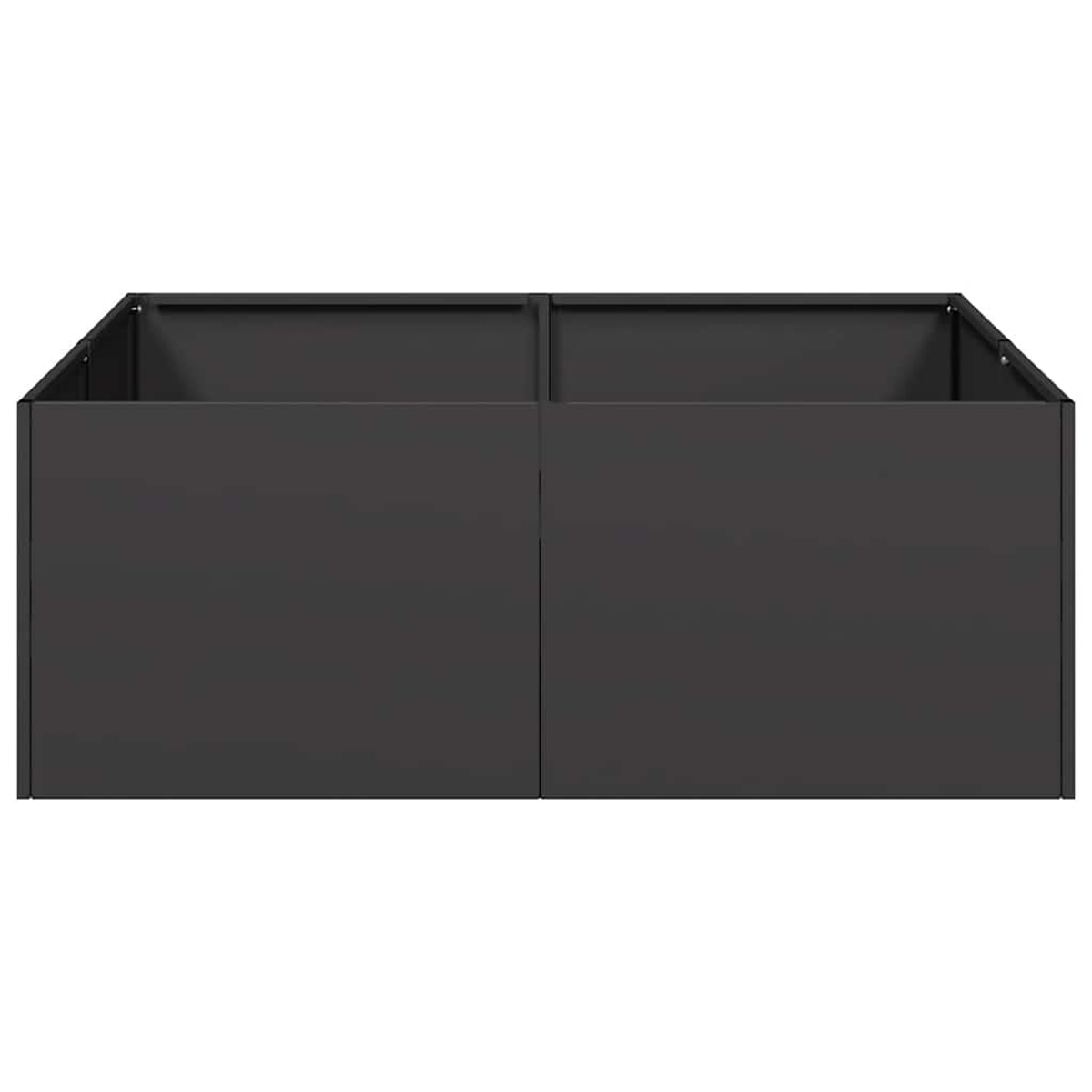 Una fioriera rettangolare grigio scuro, divisa in due sezioni. È vuota, con un design pulito e moderno e un colore solido.