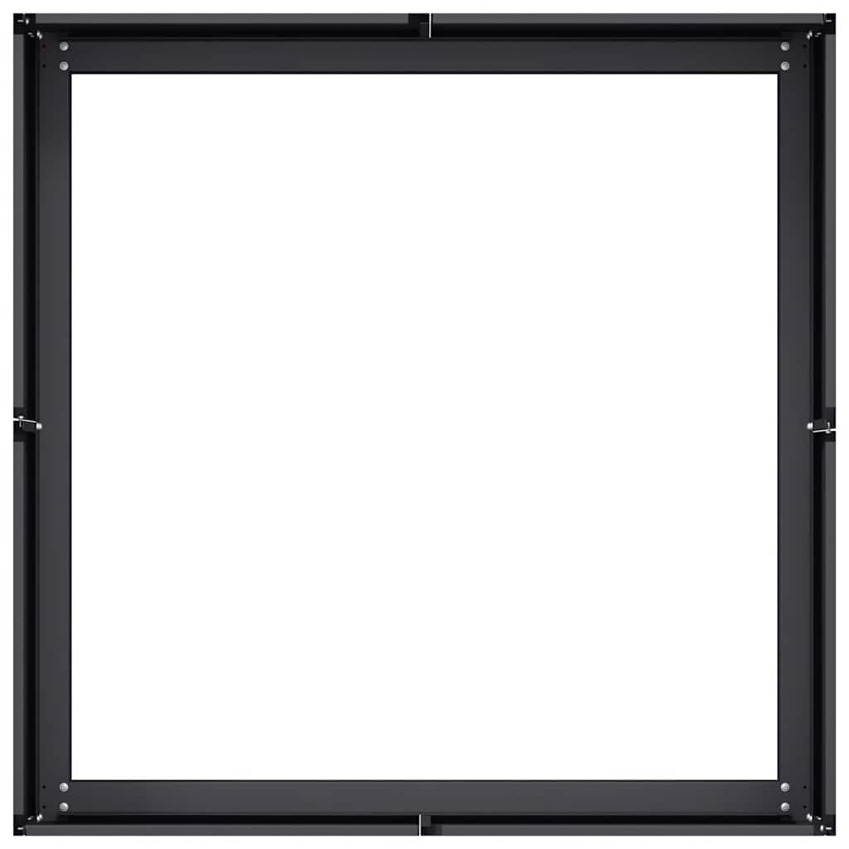 Una cornice quadrata nera con un centro bianco. Le cerniere sono visibili ad ogni angolo. La cornice sembra essere di metallo.