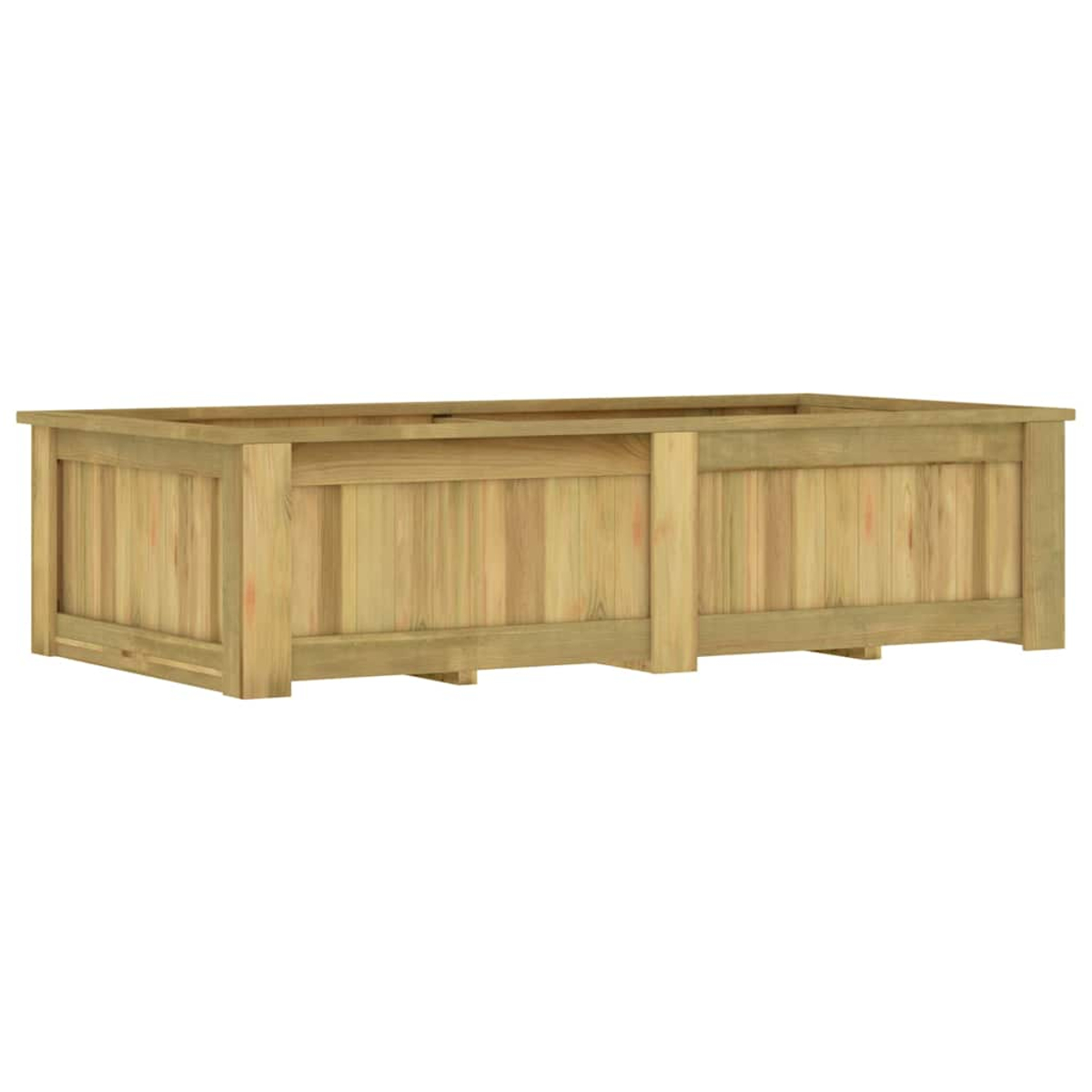 Eine rechteckige Holzpflanzkasten. Er ist aus hellfarbenem Holz gefertigt. Die Kiste hat vertikale Lamellen und ein schlichtes Design.