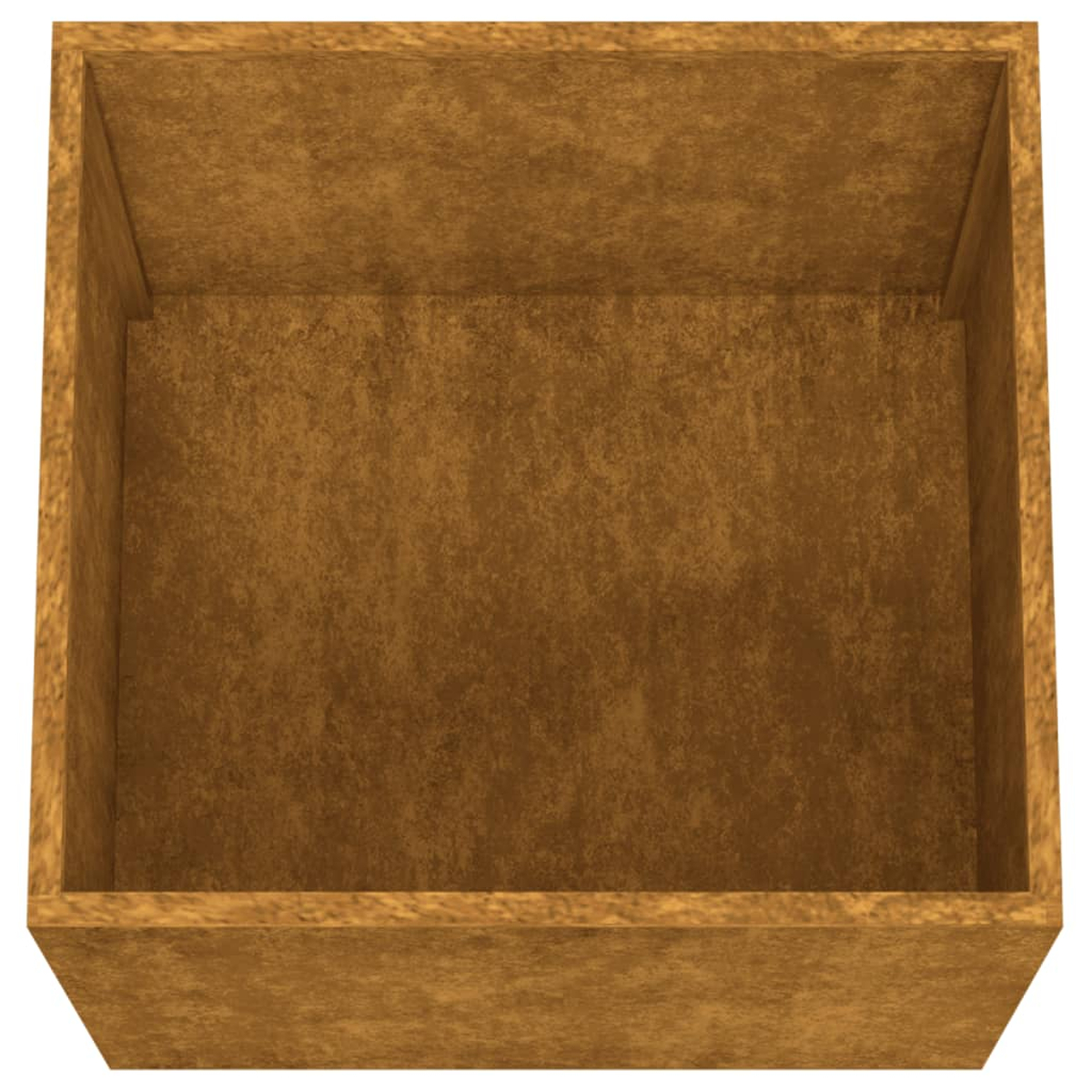 Eine leere, offene Holzkiste. Die Innen- und Außenwände sind braun strukturiert. Die Box wird von oben betrachtet.
