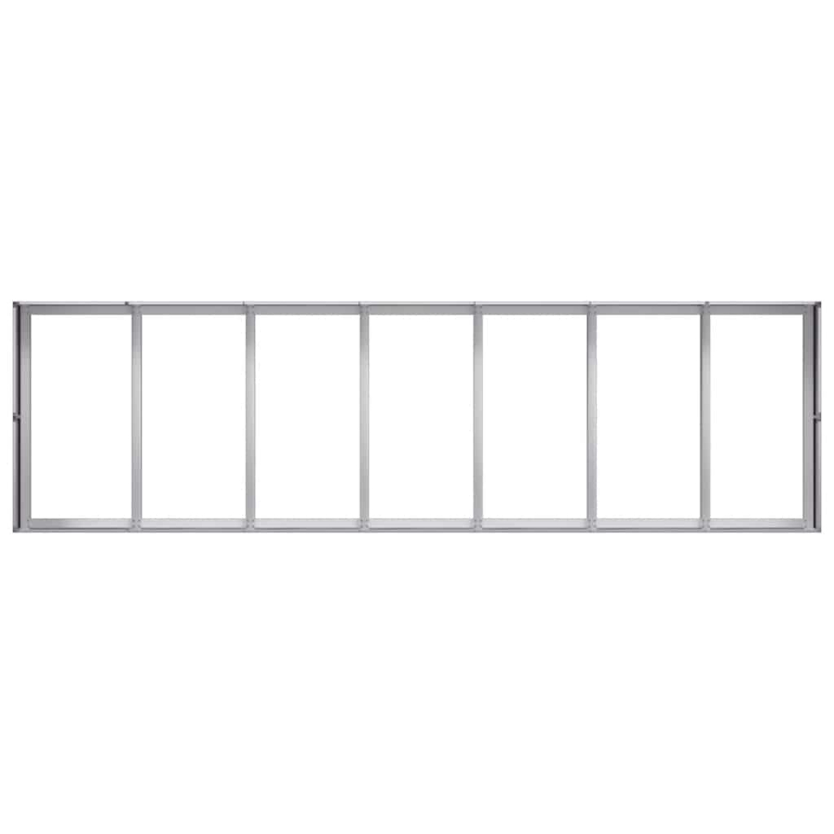 Una cornice metallica con sette sezioni verticali. Ogni sezione è aperta e vuota, con sfondo bianco visibile.
