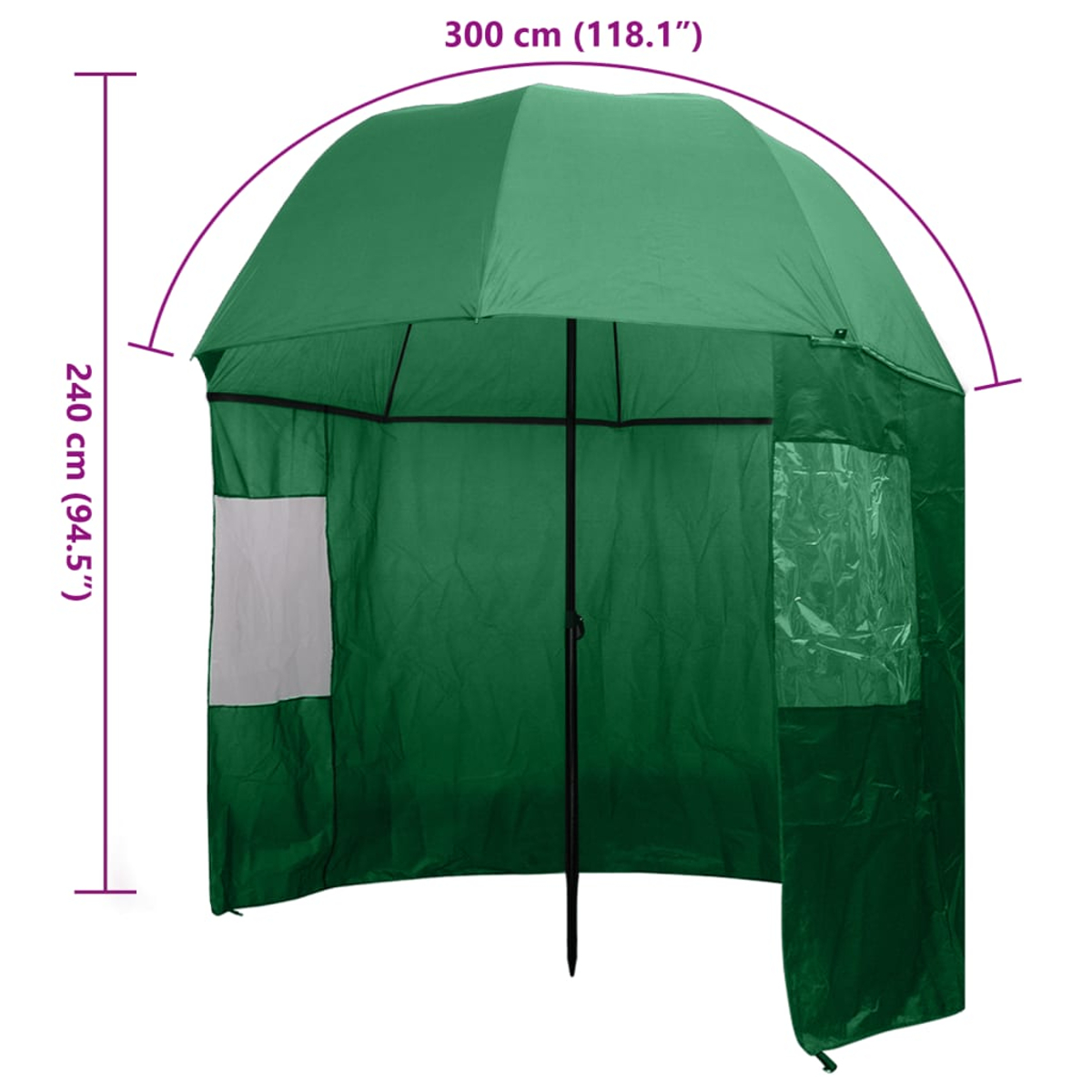 Ein grüner Sonnenschutz mit abgerundeter Oberseite und transparentem Kunststofffenster. Es hat eine Breite von 300 cm und eine Höhe von 240 cm.
