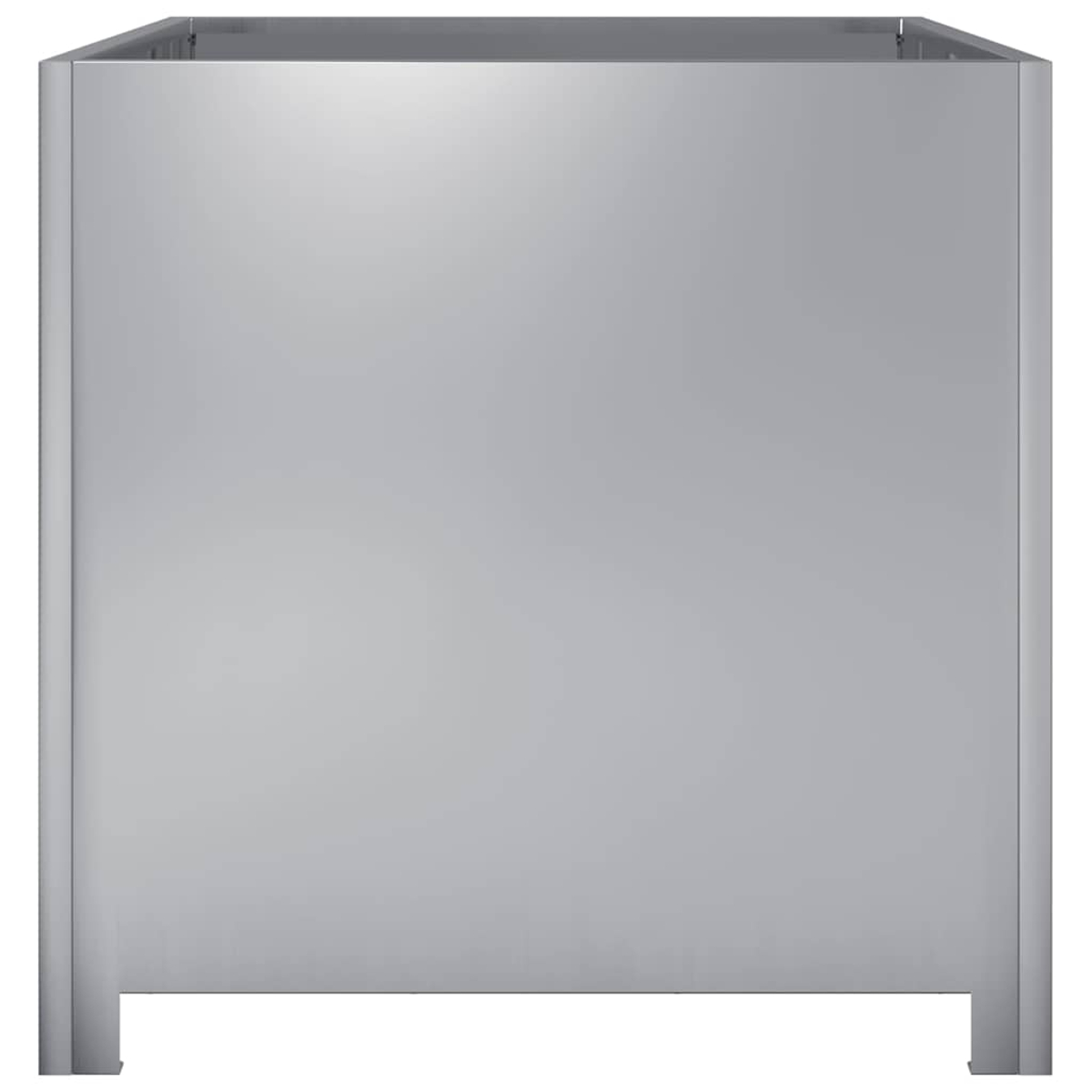 Un armadio grigio metallizzato. Ha una forma squadrata ed è realizzato in un materiale riflettente. Il fondo ha le gambe.