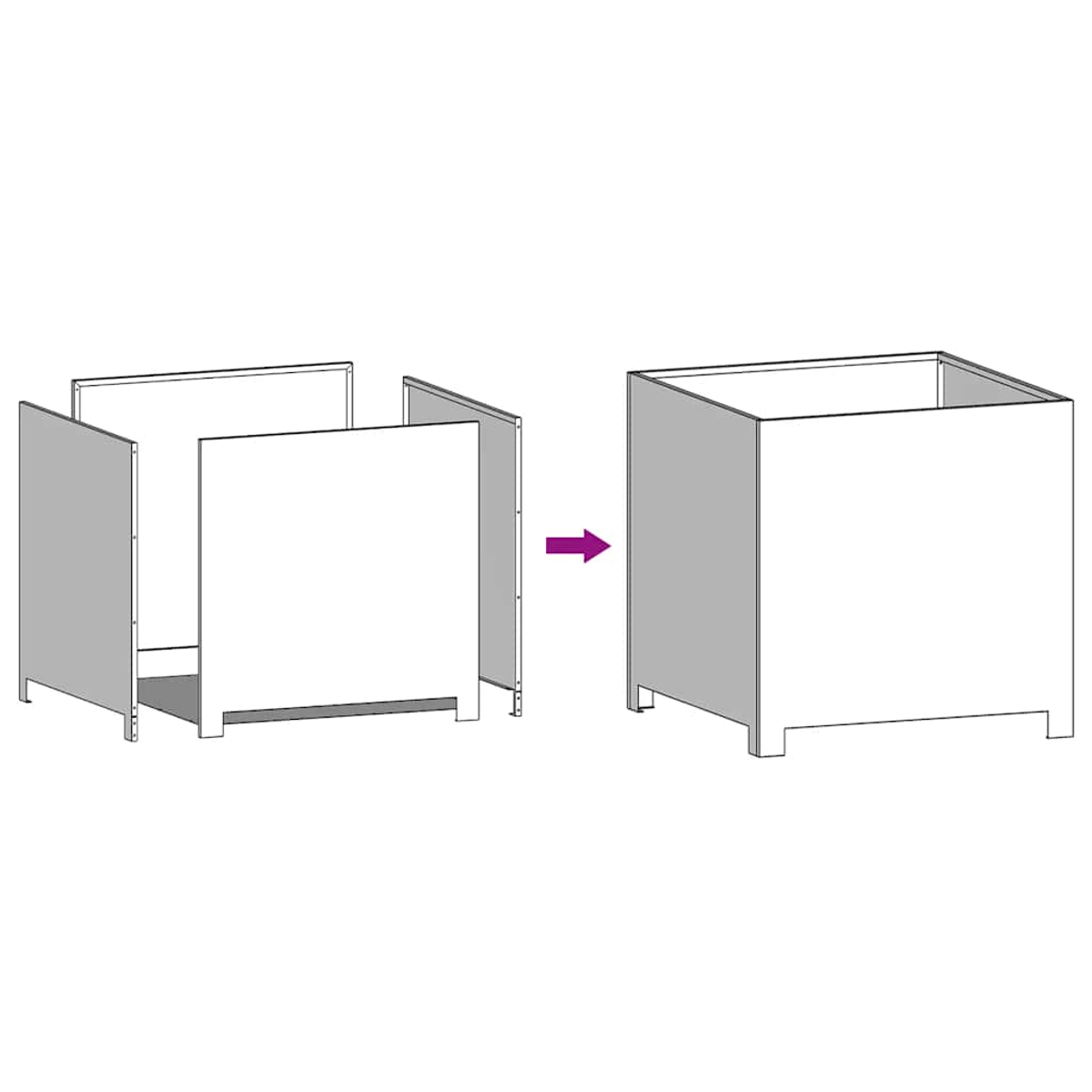 Diagramma che mostra l'assemblaggio di una scatola grigia e bianca. La scatola è mostrata in parti, poi completamente assemblata, con una freccia che indica il processo.